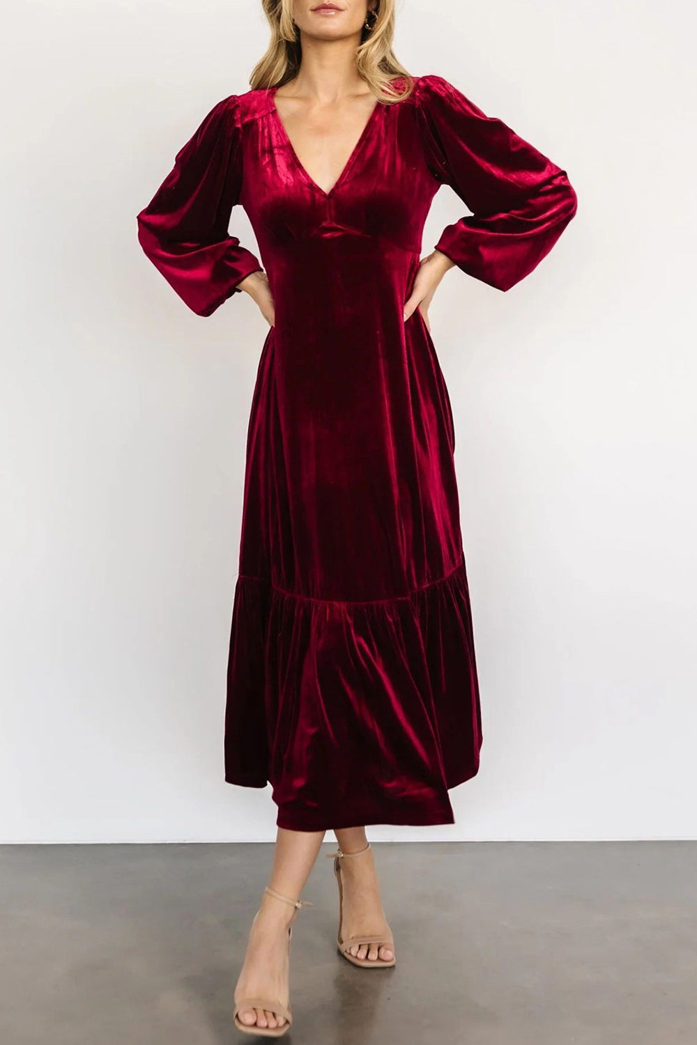 V-Neck Long Sleeve Midi Velvet Dress-TOPS / DRESSES-[Adult]-[Female]-Burgundy-S-2022 Online Blue Zone Planet