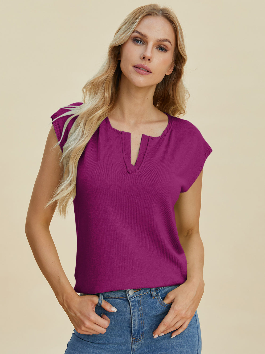 Double Take Full Size Notched Cap Sleeve Knit Top-TOPS / DRESSES-[Adult]-[Female]-Deep Purple-S-2022 Online Blue Zone Planet