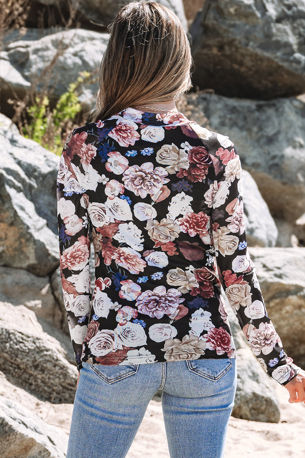 Pink Mesh Floral Print Mock Neck Long Sleeve Slim Top-Tops/Long Sleeve Tops-[Adult]-[Female]-2022 Online Blue Zone Planet