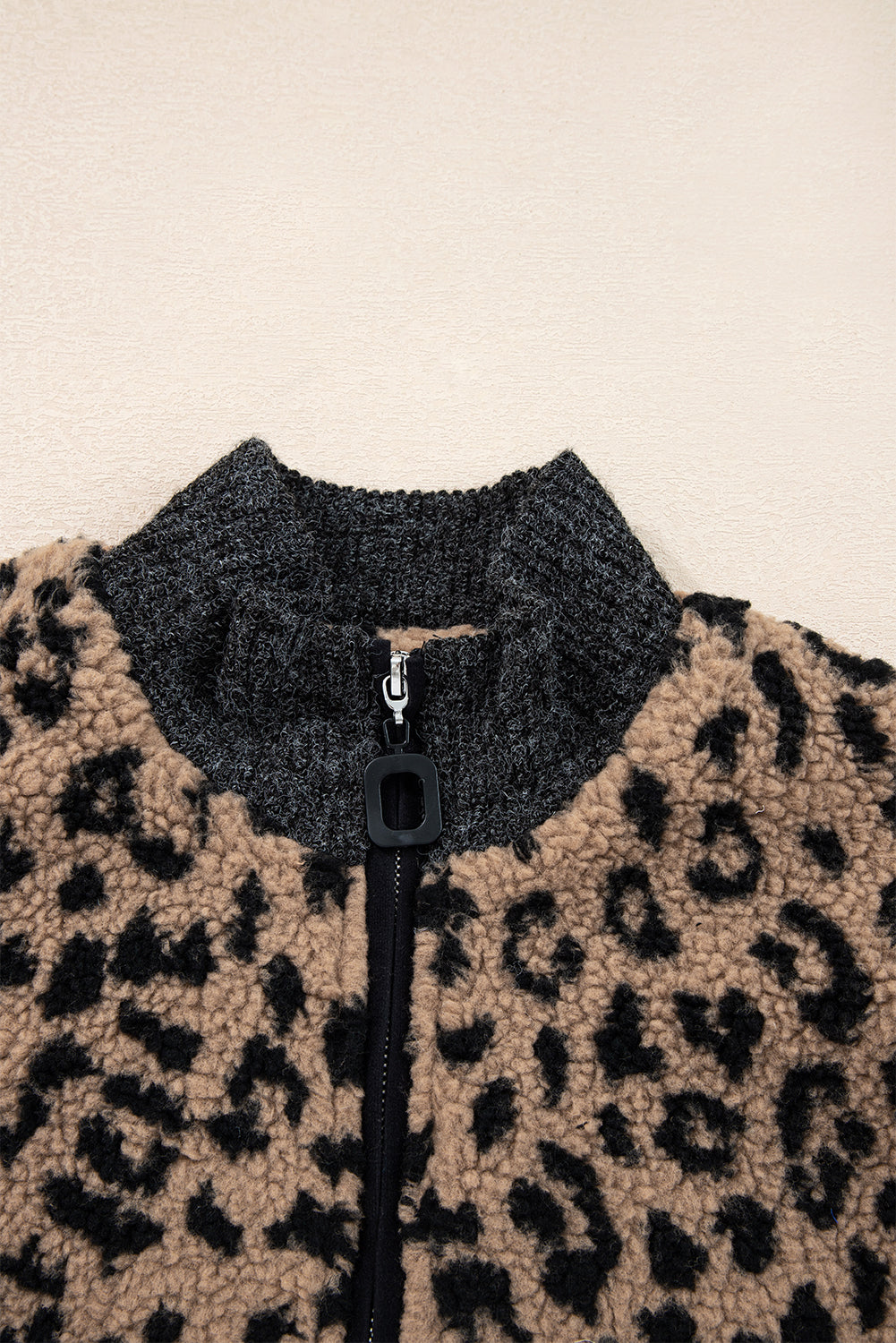 Khaki Leopard Print Zip Up Stand Neck Side Pocket Jacket-Outerwear/Jackets-[Adult]-[Female]-2022 Online Blue Zone Planet