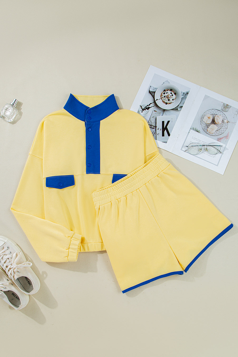 Yellow Color Block Patchwork Half Button Pullover and Shorts 2pcs Outfit-Two Piece Sets/Short Sets-[Adult]-[Female]-Yellow-S-2022 Online Blue Zone Planet