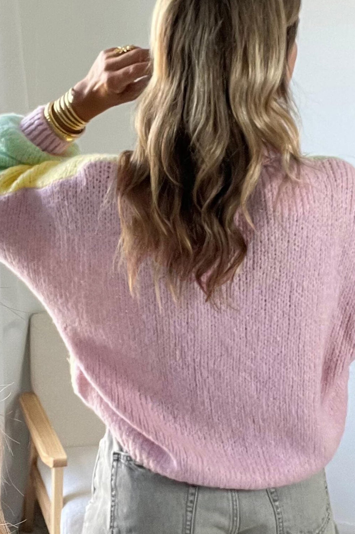 Yellow V Neck Drop Shoulder Patchwork Regular Wash Knitwear Cardigan-Sweaters & Cardigans/Cardigans-[Adult]-[Female]-2022 Online Blue Zone Planet
