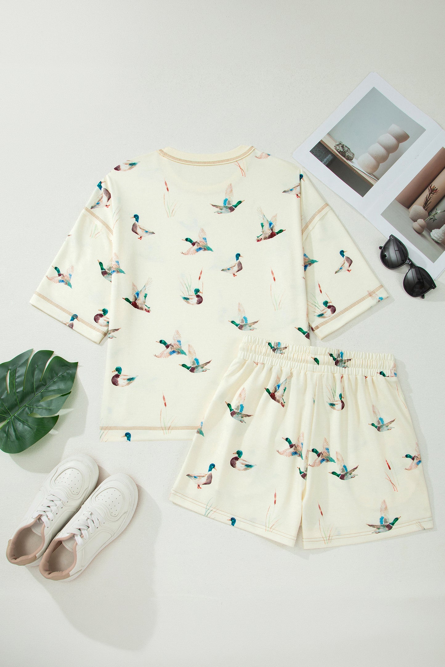 Beige Mallard Duck Print Oversized Tee Drawstring Short Set-Two Piece Sets/Short Sets-[Adult]-[Female]-2022 Online Blue Zone Planet
