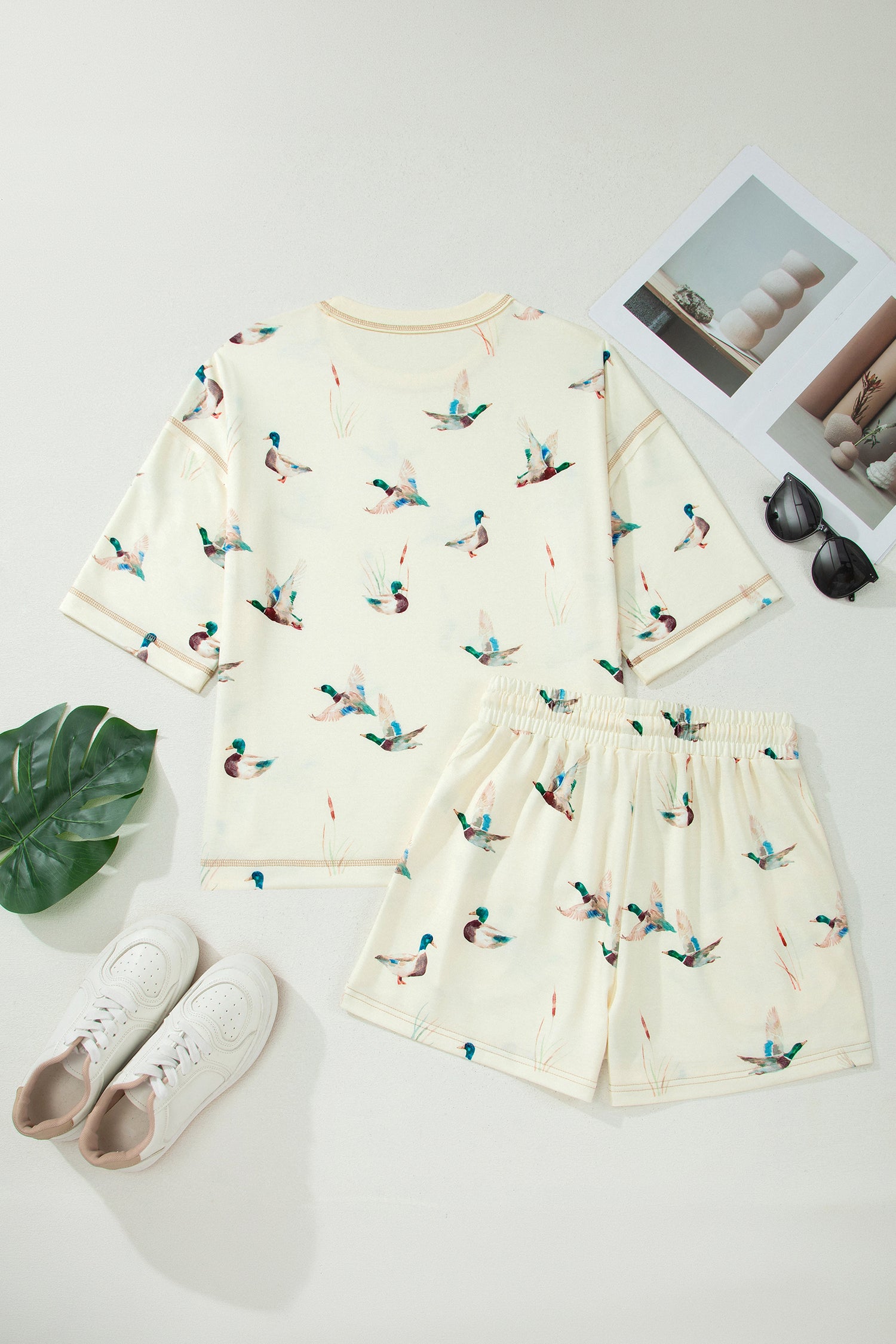 Beige Mallard Duck Print Oversized Tee Drawstring Short Set-Two Piece Sets/Short Sets-[Adult]-[Female]-2022 Online Blue Zone Planet