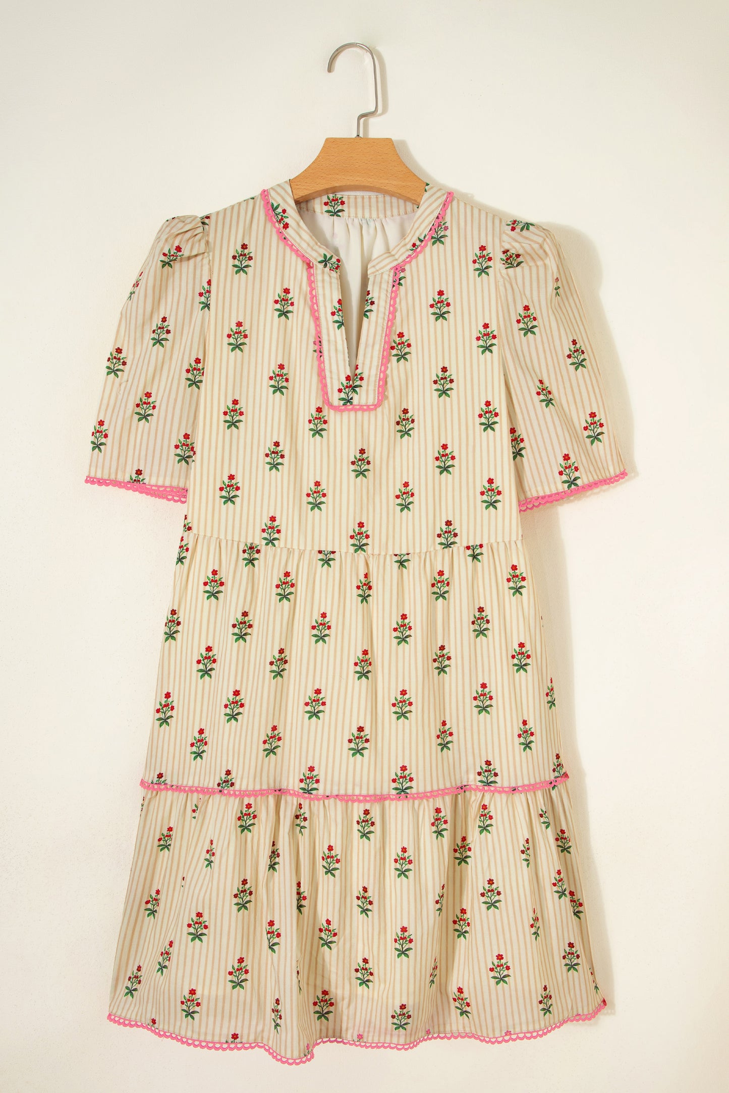 Apricot Striped Floral Print Contrast Detail Ruffle Hem Short Dress-TOPS / DRESSES-[Adult]-[Female]-2022 Online Blue Zone Planet