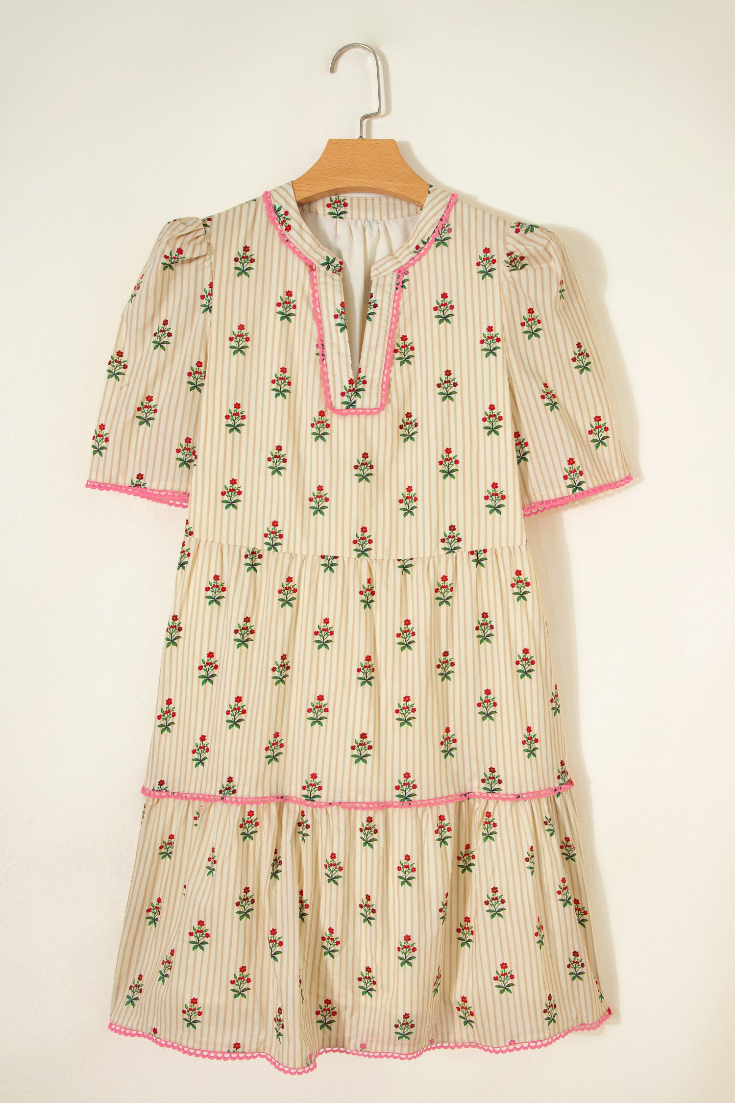 Apricot Striped Floral Print Contrast Detail Ruffle Hem Short Dress-TOPS / DRESSES-[Adult]-[Female]-2022 Online Blue Zone Planet