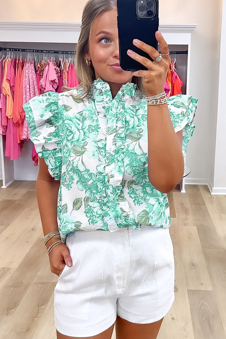 Green Floral Print Ruffle Sleeve Frilly Button Up Shirt-Tops/Blouses & Shirts-[Adult]-[Female]-2022 Online Blue Zone Planet