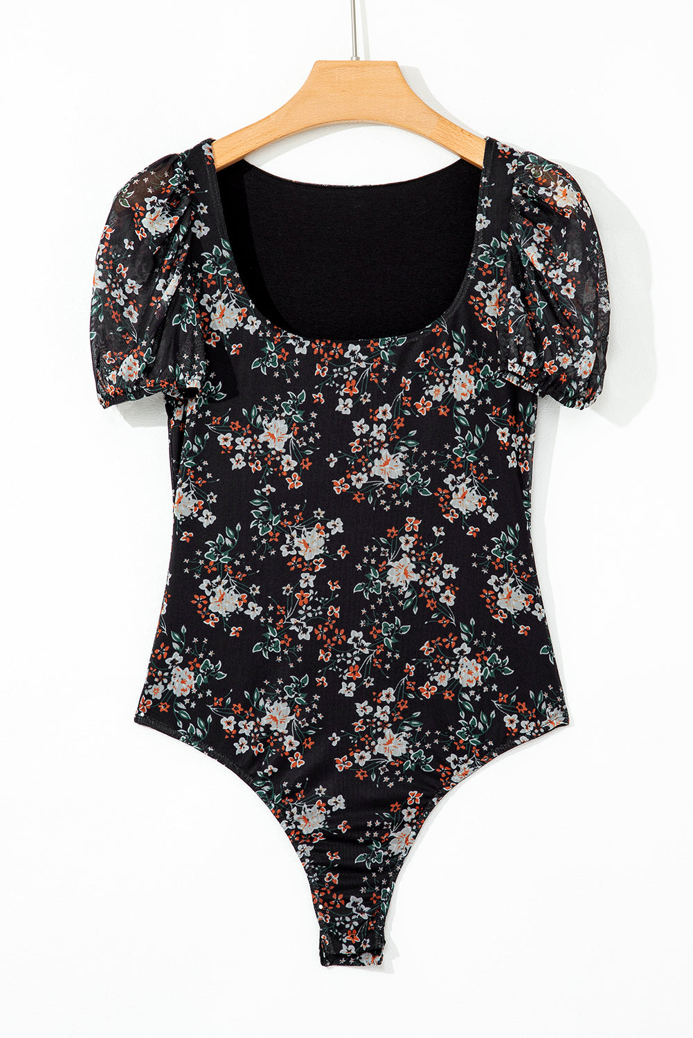 Black Floral Print U Neck Short Puff Sleeve Bodysuit-Tops/Bodysuits-[Adult]-[Female]-2022 Online Blue Zone Planet