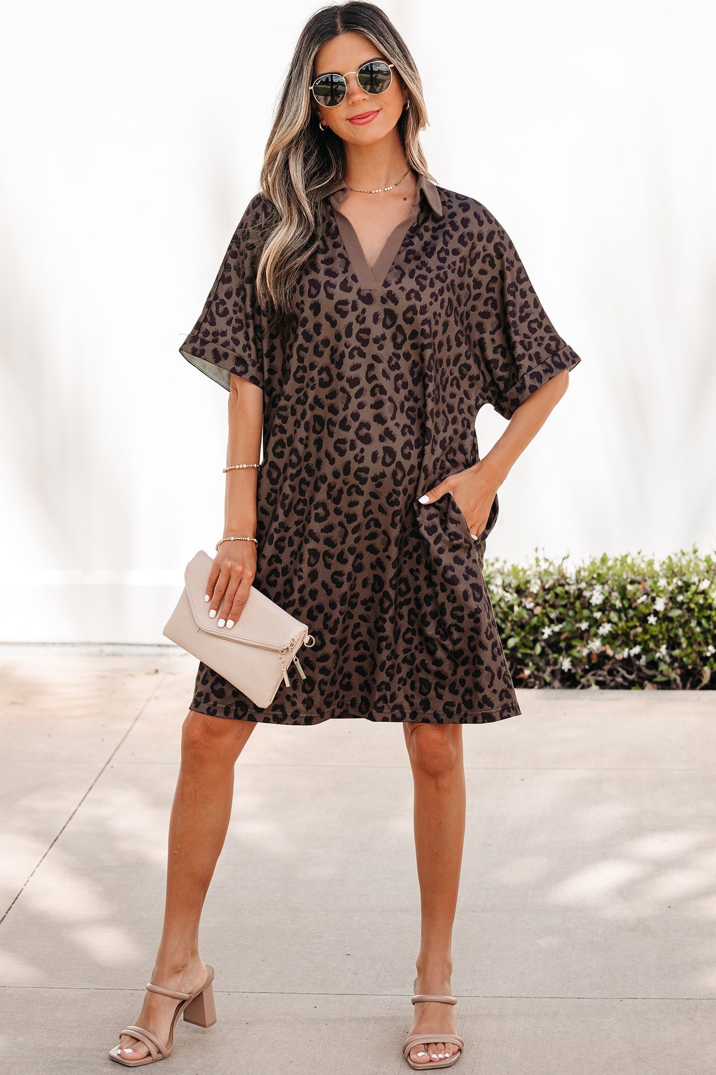 Brown Leopard Print Contrast Collar V-Neck Mini Dress-Dresses/Mini Dresses-[Adult]-[Female]-2022 Online Blue Zone Planet