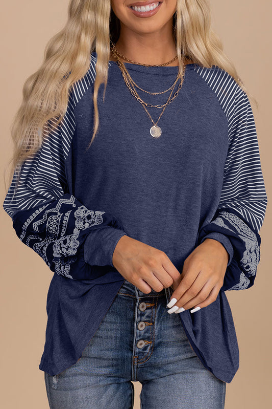 Navy Blue Contrast Print Striped Raglan Long Sleeve Loose Top-Tops/Long Sleeve Tops-[Adult]-[Female]-Navy Blue-S-2022 Online Blue Zone Planet