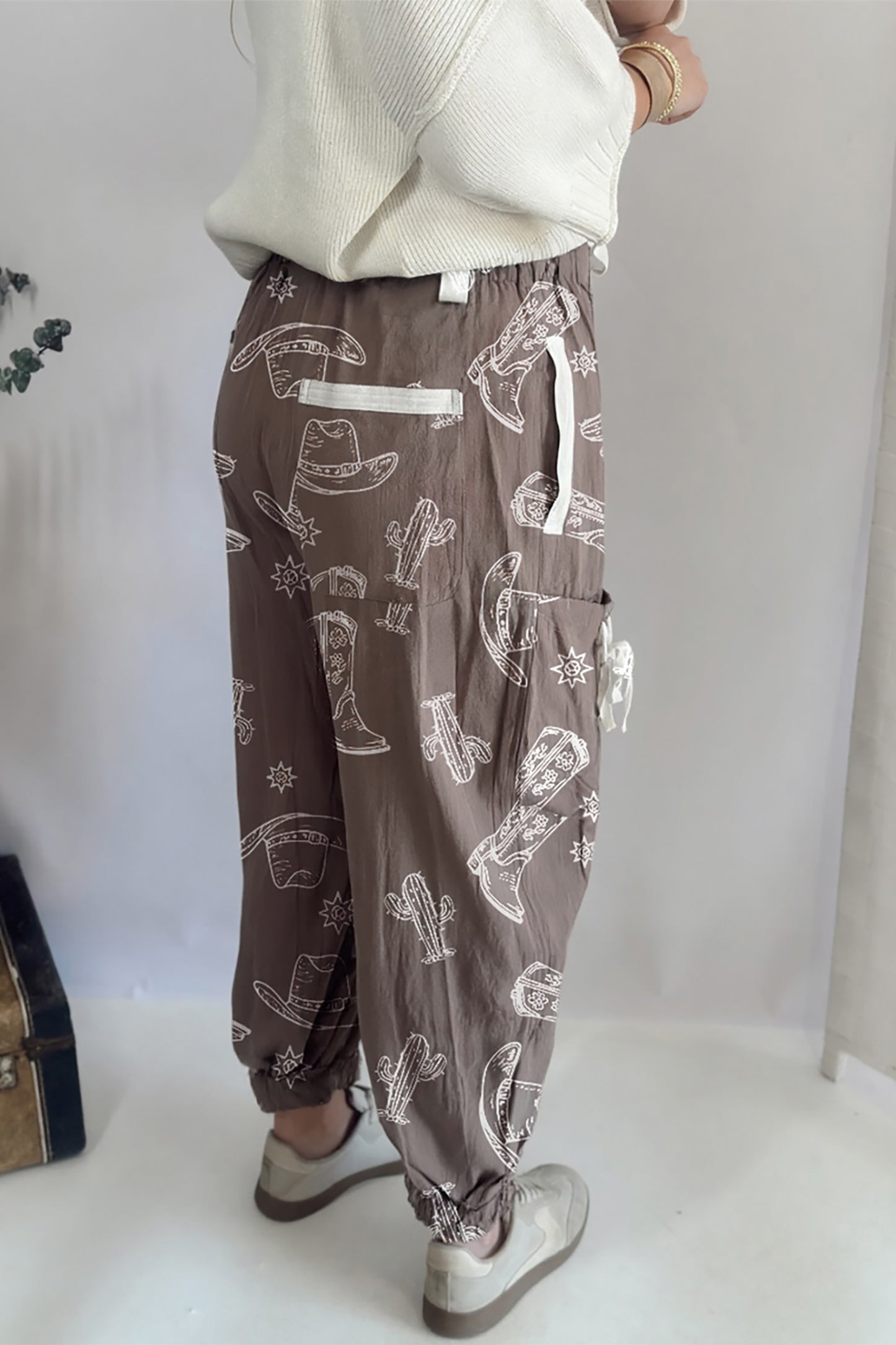 Khaki Western Cactus Cowgirl Hat Boot Printed Vintage Drawstring Jogger Pants-Bottoms/Pants & Culotte-[Adult]-[Female]-2022 Online Blue Zone Planet