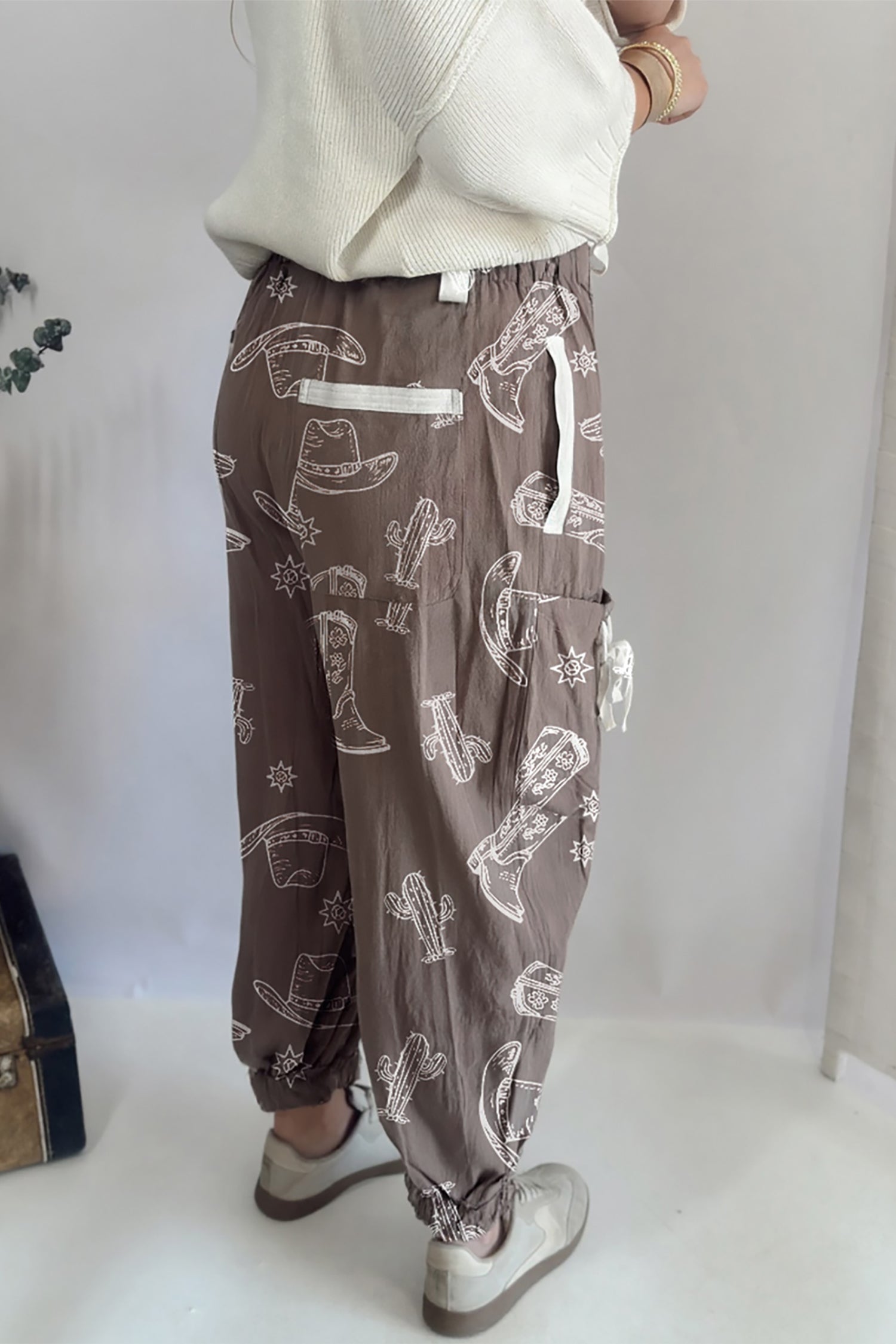 Khaki Western Cactus Cowgirl Hat Boot Printed Vintage Drawstring Jogger Pants-Bottoms/Pants & Culotte-[Adult]-[Female]-2022 Online Blue Zone Planet