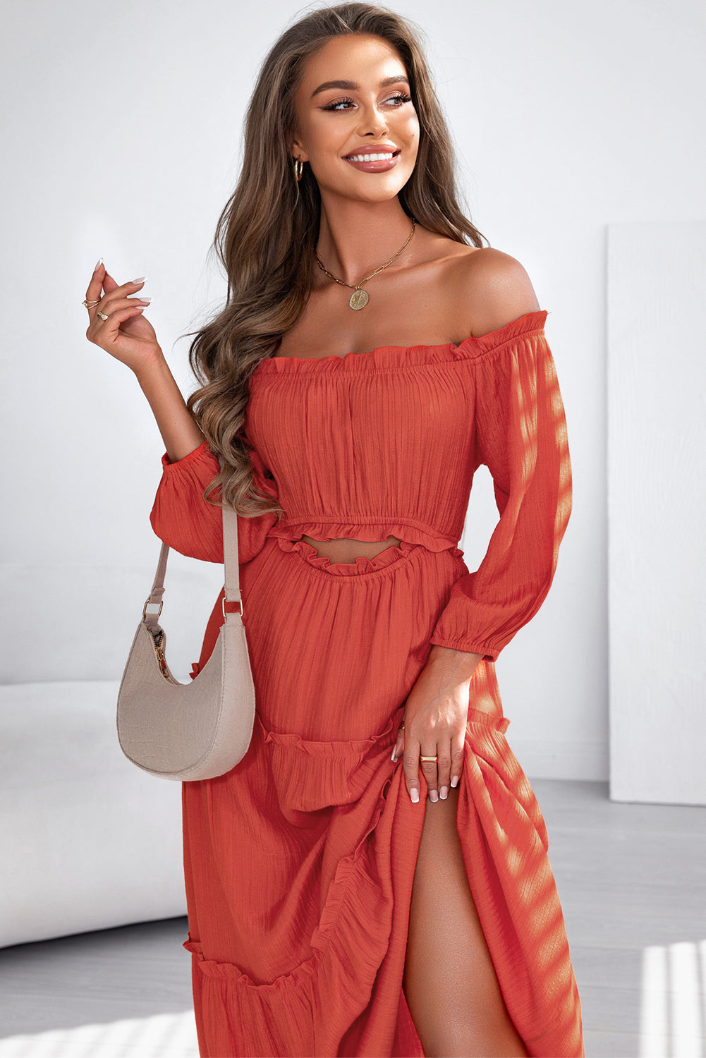 Blue Zone Planet | Orange Off Shoulder Balloon Sleeve Cutout Ruffled Maxi Dress-TOPS / DRESSES-[Adult]-[Female]-2022 Online Blue Zone Planet