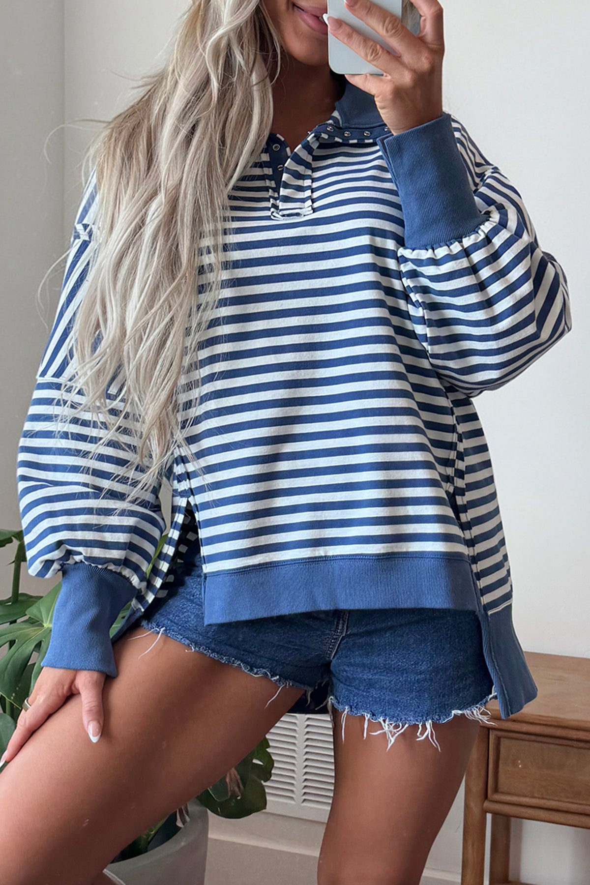 Blue Stripe Color Block Trim Raw Seam Split Hem Loose Pullover Sweatshirt-Tops/Sweatshirts & Hoodies-[Adult]-[Female]-2022 Online Blue Zone Planet