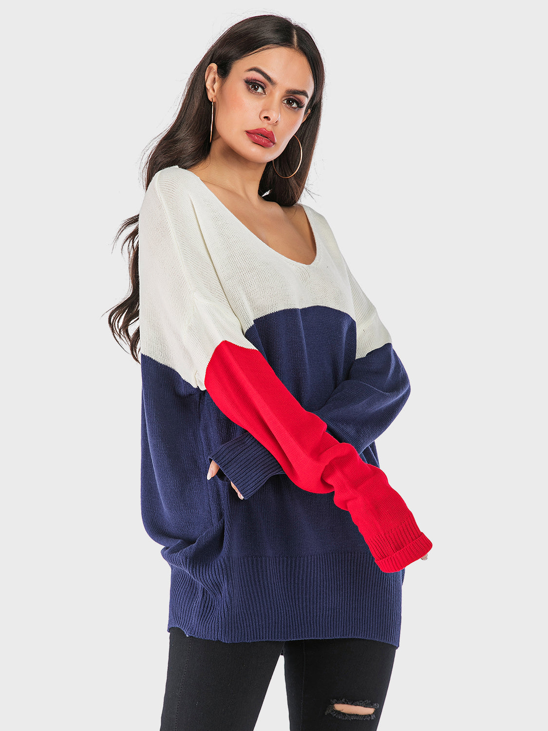 Perfee Contrast V-Neck Long Sleeve Knit Top-NEW ARRIVALS-[Adult]-[Female]-2022 Online Blue Zone Planet