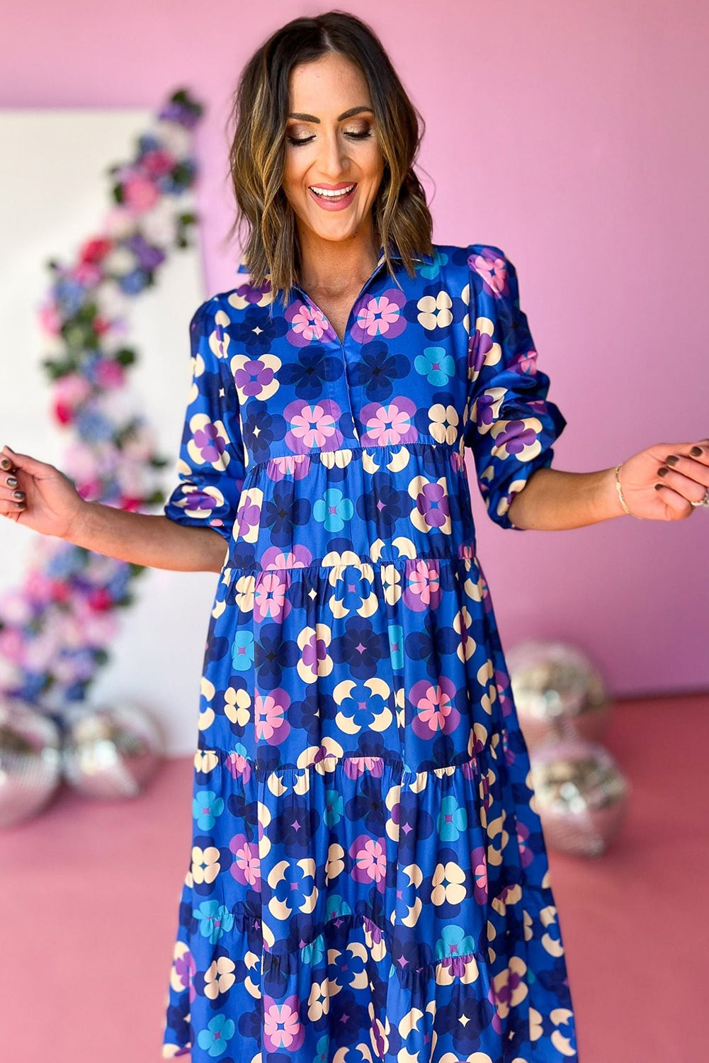 Blue Floral Peasant Sleeve Tiered Ruffle Midi Dress-Dresses/Midi Dresses-[Adult]-[Female]-2022 Online Blue Zone Planet