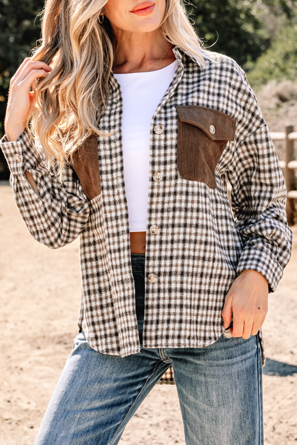 Casual Contrast Corduroy Flap Pocket Patchwork Plaid Shacket-Outerwear/Plaid Shackets-[Adult]-[Female]-2022 Online Blue Zone Planet