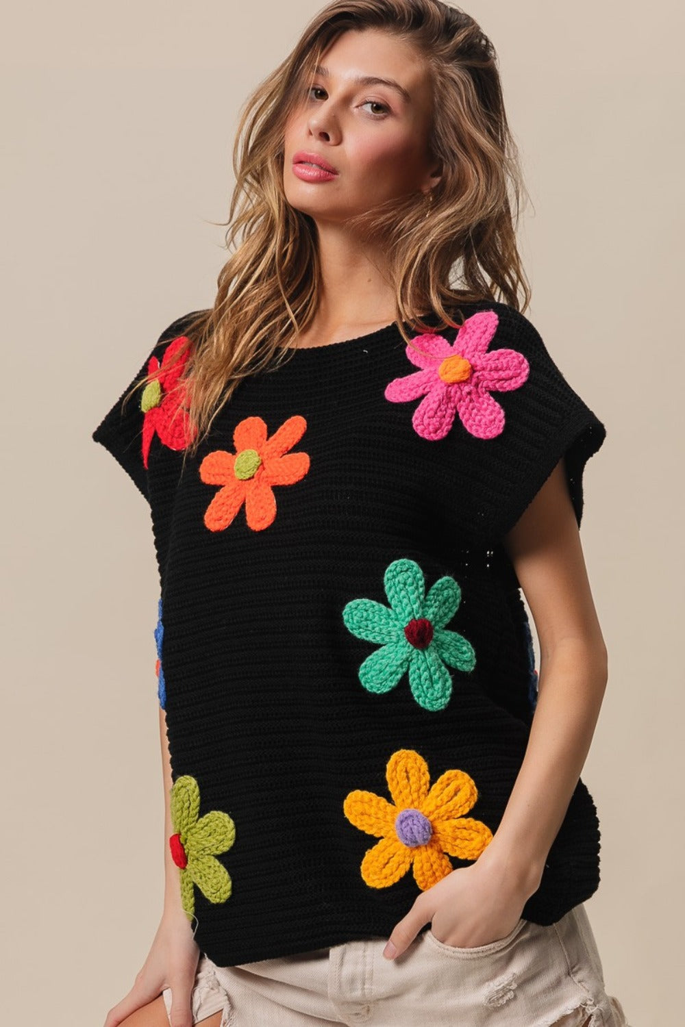 BiBi Flower Round Neck Cap Sleeve Knit Top-TOPS / DRESSES-[Adult]-[Female]-2022 Online Blue Zone Planet