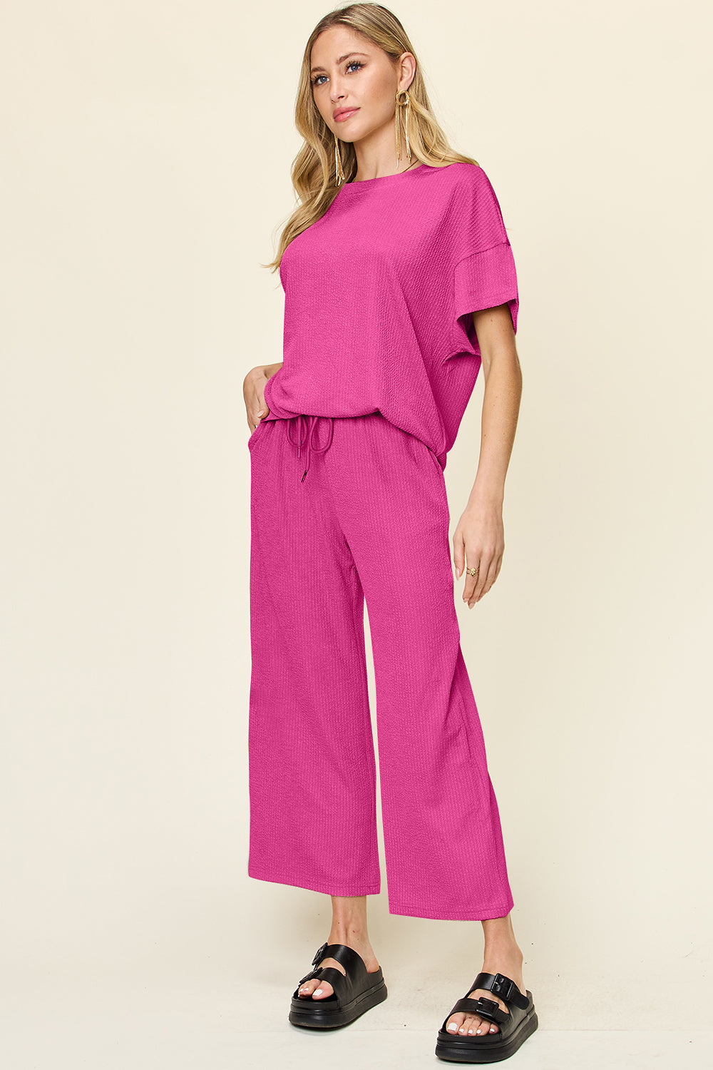 Blue Zone Planet | Double Take Full Size Texture Round Neck Short Sleeve T-Shirt and Wide Leg Pants-TOPS / DRESSES-[Adult]-[Female]-Hot Pink-S-2022 Online Blue Zone Planet