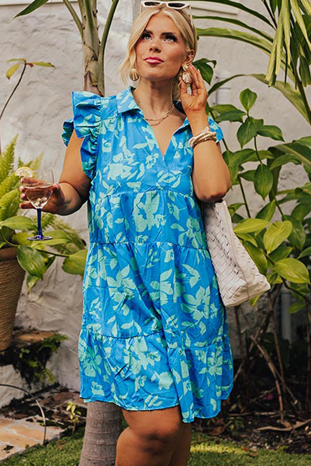 Blue Zone Planet |  Sky Blue Plus Size Floral Print Flutter Sleeve Buttoned Mini Dress Blue Zone Planet