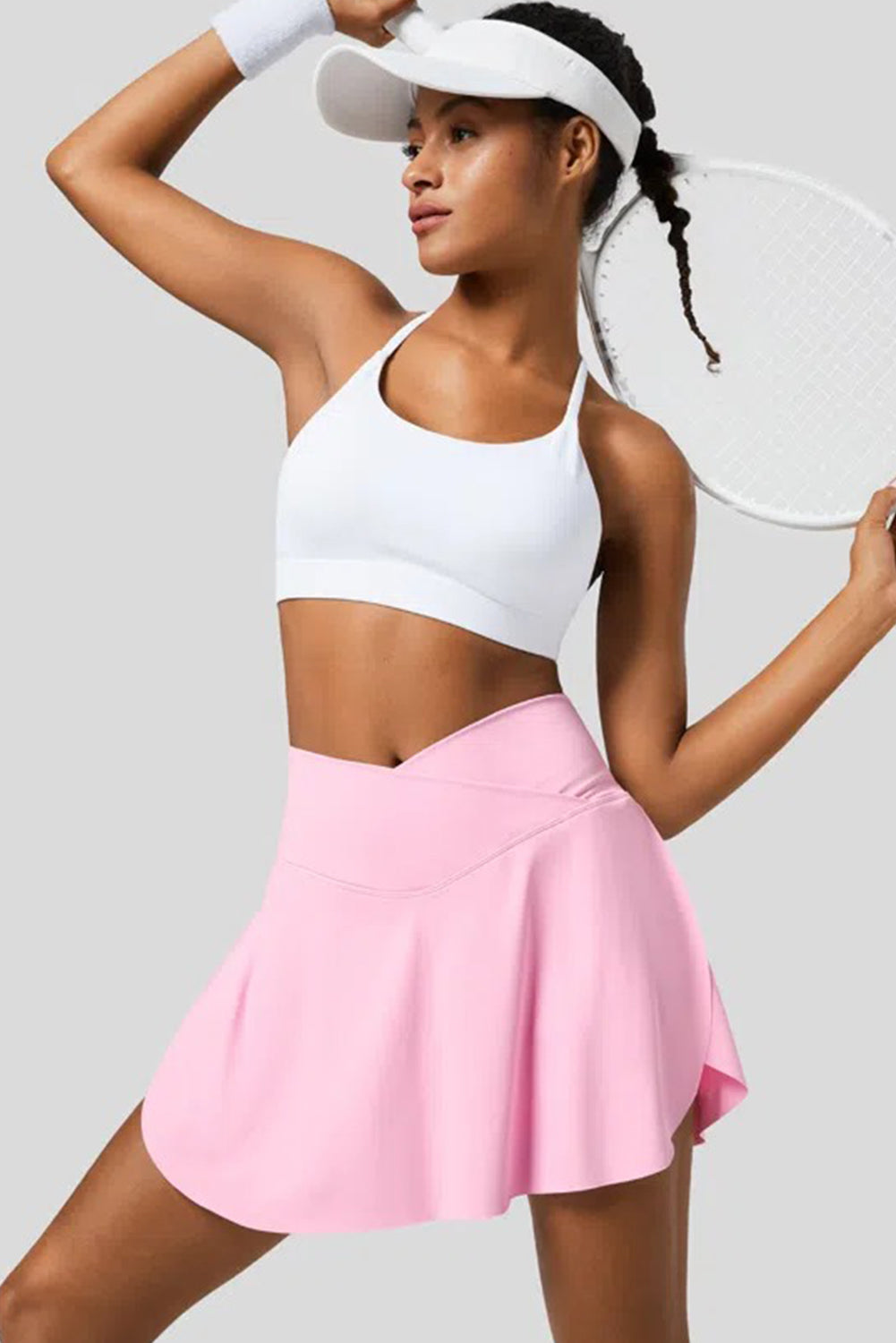 Pink Solid Pocketed Crossover High Waist Swim Skort-Swimwear/Swim Bottoms-[Adult]-[Female]-2022 Online Blue Zone Planet
