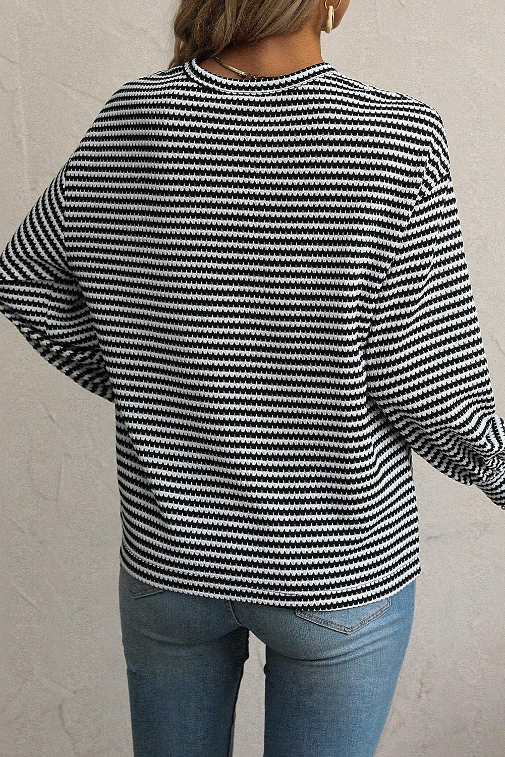 Blue Zone Planet | Rose Stripe Round Neck Drop Shoulder Long Sleeve Top-Tops/Long Sleeve Tops-[Adult]-[Female]-2022 Online Blue Zone Planet