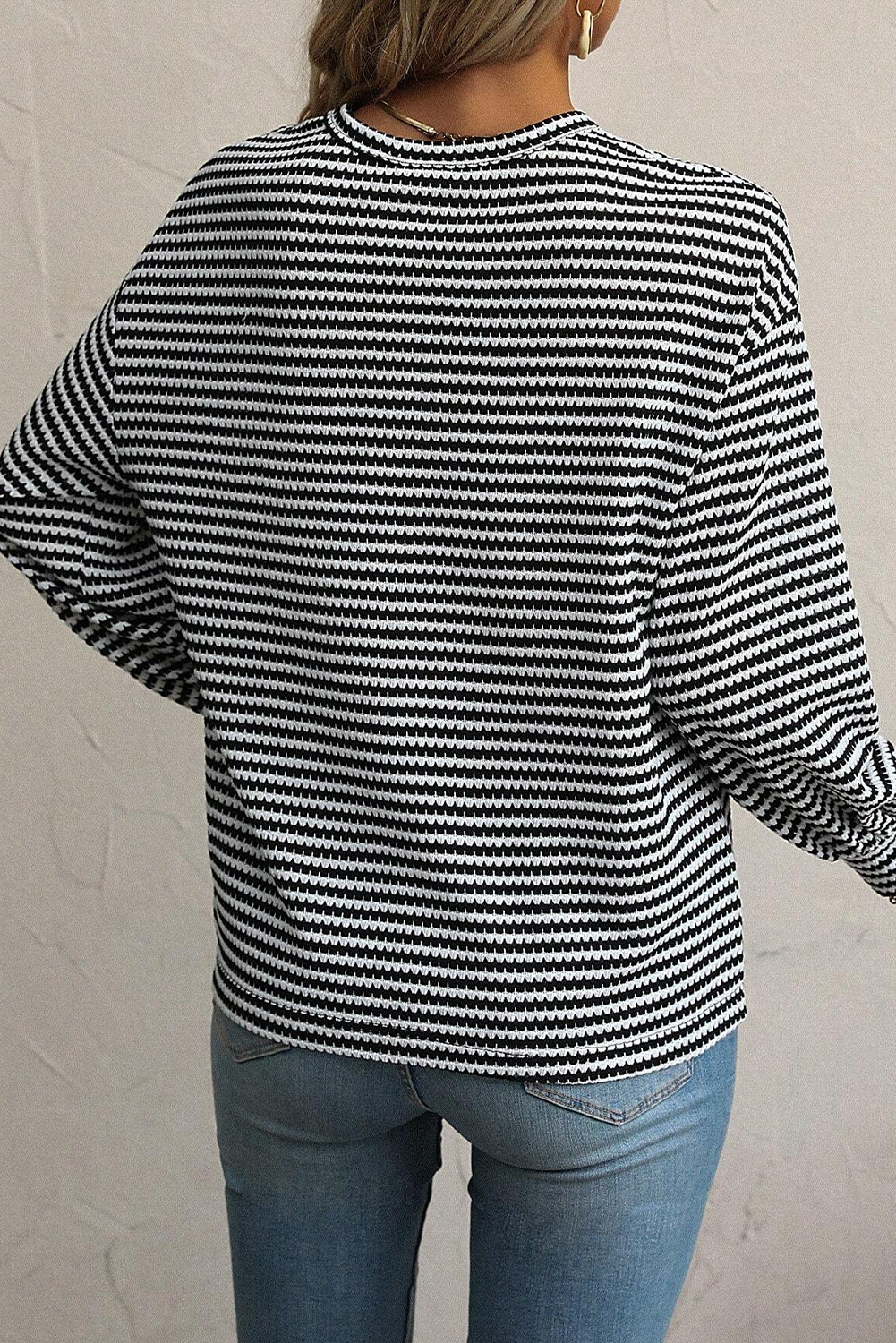 Rose Stripe Round Neck Drop Shoulder Long Sleeve Top-Tops/Long Sleeve Tops-[Adult]-[Female]-2022 Online Blue Zone Planet