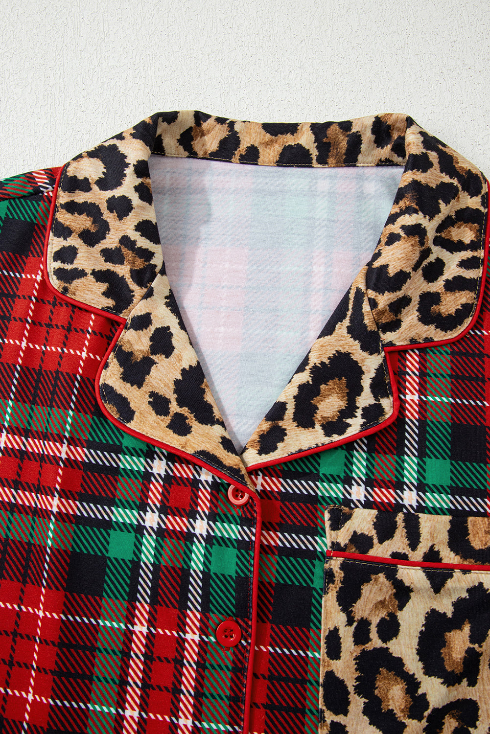 Racing Red Retro Plaid Leopard Print Patchwork Long Sleeve Shorts Pajama Set-Loungewear & Sleepwear/Sleepwear-[Adult]-[Female]-2022 Online Blue Zone Planet