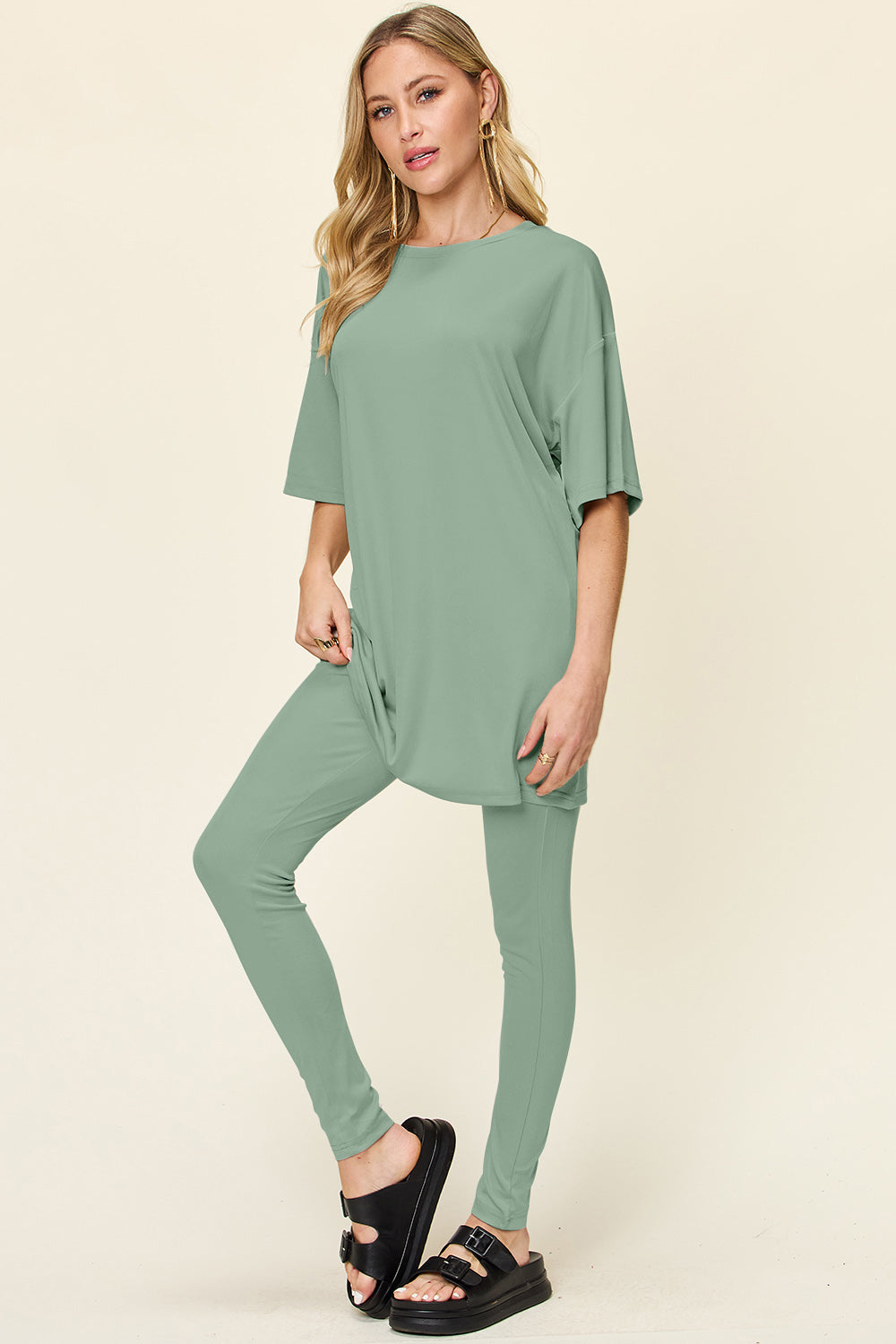 Double Take Full Size Round Neck Dropped Shoulder T-Shirt and Leggings Set-TOPS / DRESSES-[Adult]-[Female]-2022 Online Blue Zone Planet