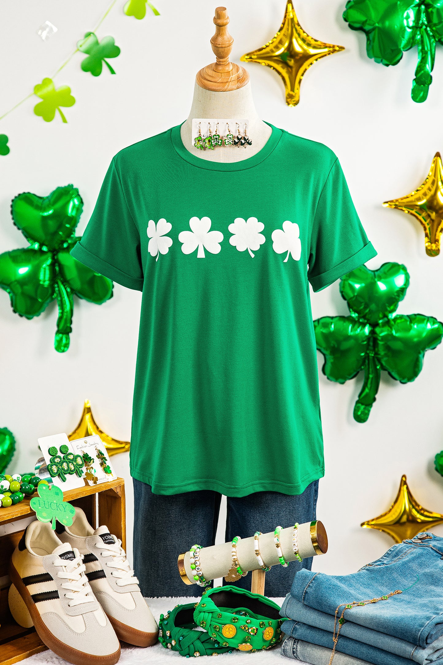 Bright Green St Patricks Day Clover Printed Casual T Shirt-Graphic/Graphic Tees-[Adult]-[Female]-2022 Online Blue Zone Planet