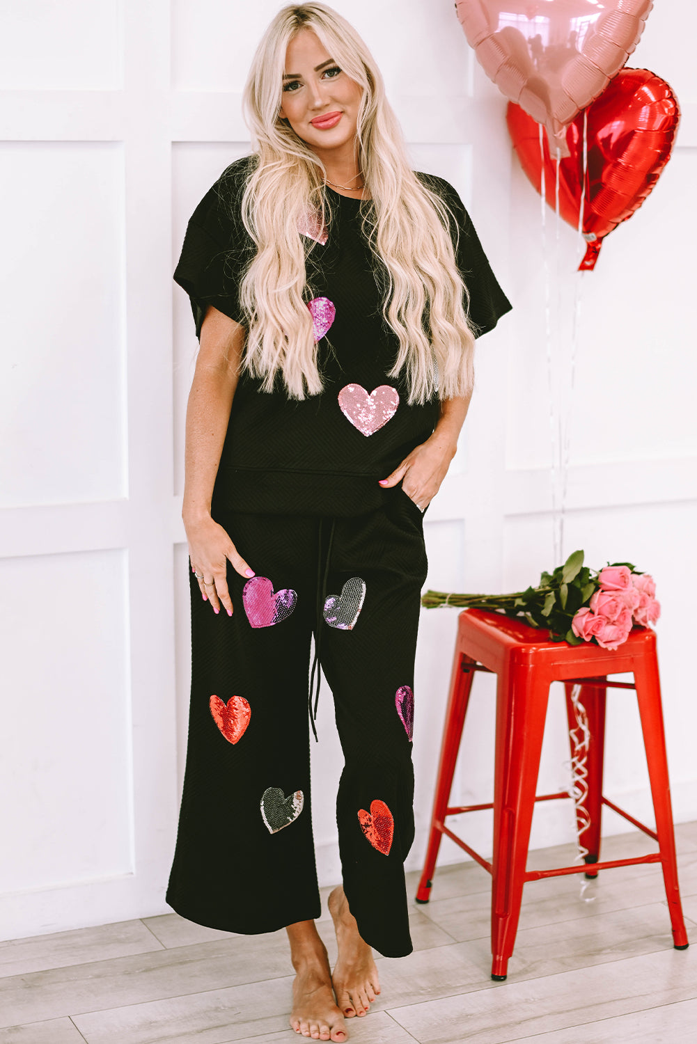 Black Sequin Heart Popping Graphic Textured 2pcs Outfit-Graphic/Graphic Sets-[Adult]-[Female]-2022 Online Blue Zone Planet