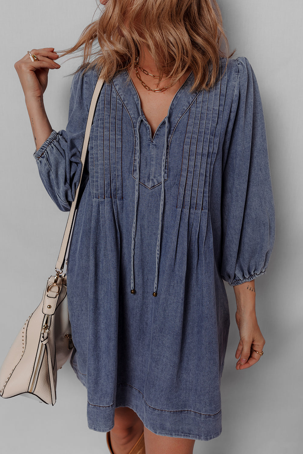 Sail Blue 3/4 Sleeve Tied V Neck Pleated Denim Mini Dress-TOPS / DRESSES-[Adult]-[Female]-2022 Online Blue Zone Planet
