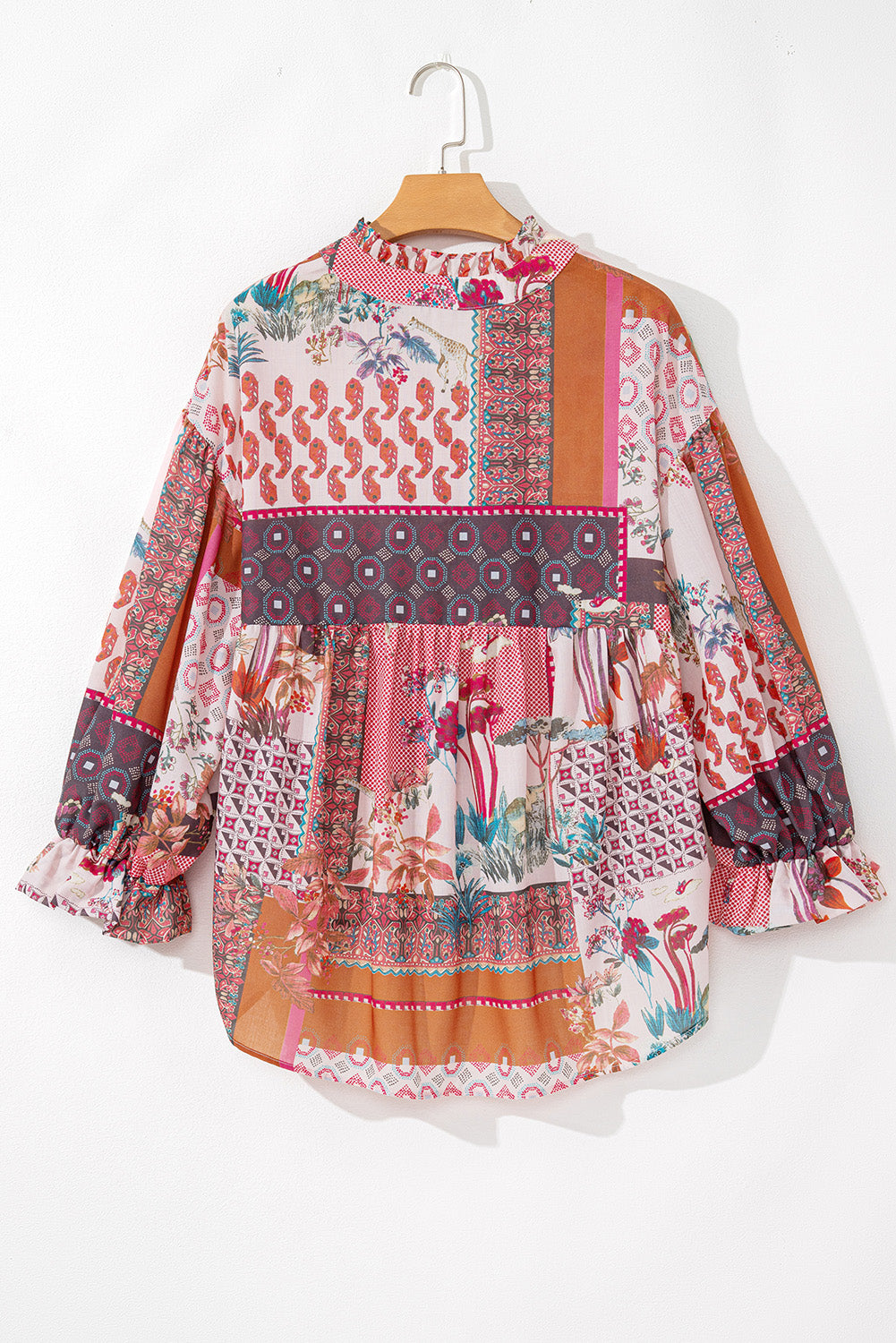 Blue Zone Planet | Red Boho Geometric Mixed Print Patchwork Bubble Sleeve Shirt-Tops/Blouses & Shirts-[Adult]-[Female]-2022 Online Blue Zone Planet