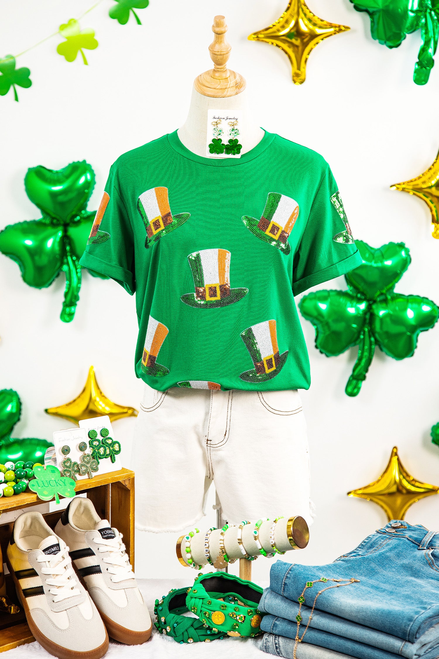 Bright Green Sequin St Patricks Day Hat Relaxed T Shirt-Graphic/Graphic Tees-[Adult]-[Female]-2022 Online Blue Zone Planet