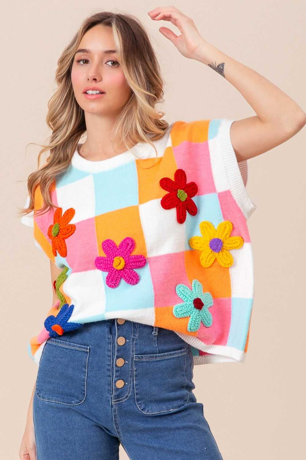 BiBi Flower Patch Checkered Sweater Vest-TOPS / DRESSES-[Adult]-[Female]-2022 Online Blue Zone Planet