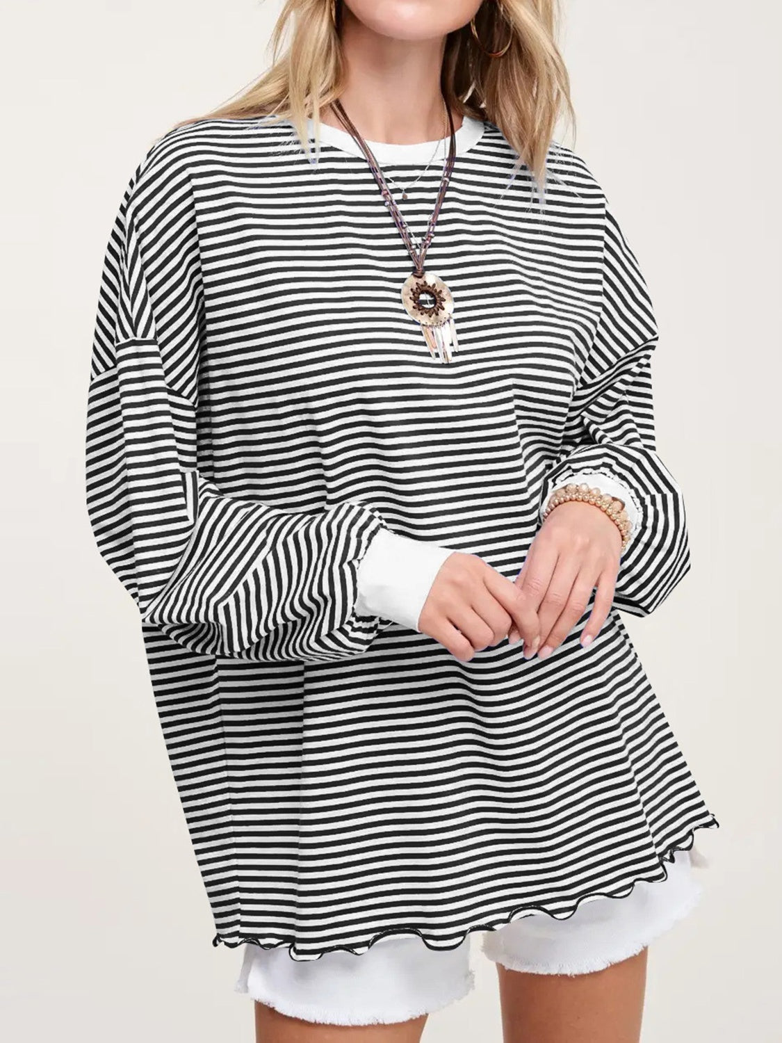 Contrast Striped Long Sleeve Sweatshirt-TOPS / DRESSES-[Adult]-[Female]-Black-S-2022 Online Blue Zone Planet