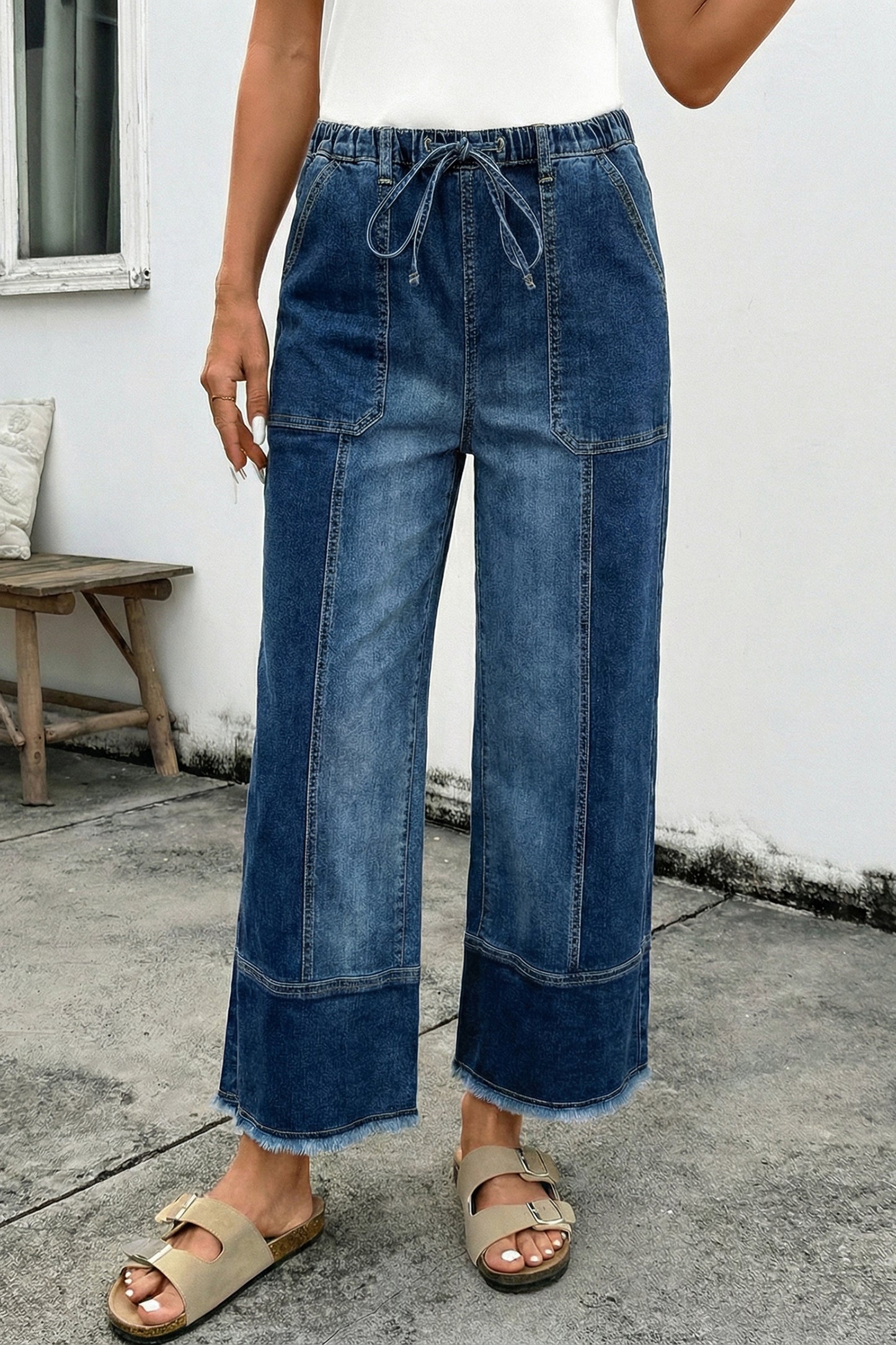 Prussian Blue Drawstring Seam Detail Raw Hem Wide Leg Denim Pants-Bottoms/Jeans-[Adult]-[Female]-2022 Online Blue Zone Planet