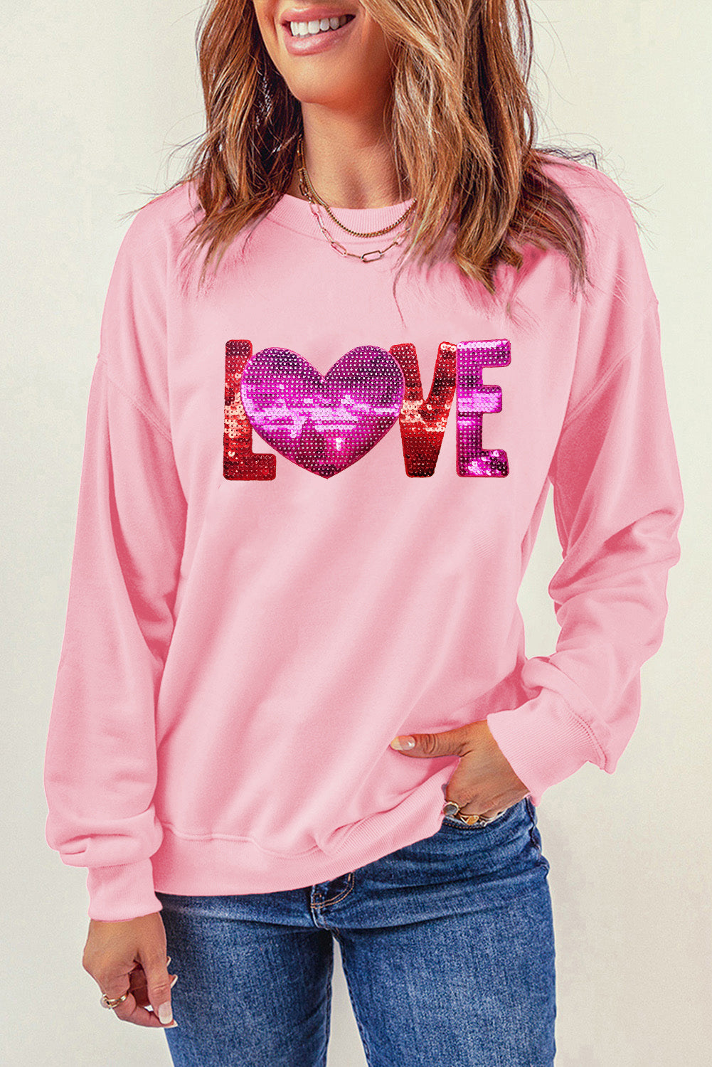 Pink LOVE Patched Pattern Drop Shoulder Valentines Pullover Sweatshirt-Graphic Sweatshirts-[Adult]-[Female]-2022 Online Blue Zone Planet