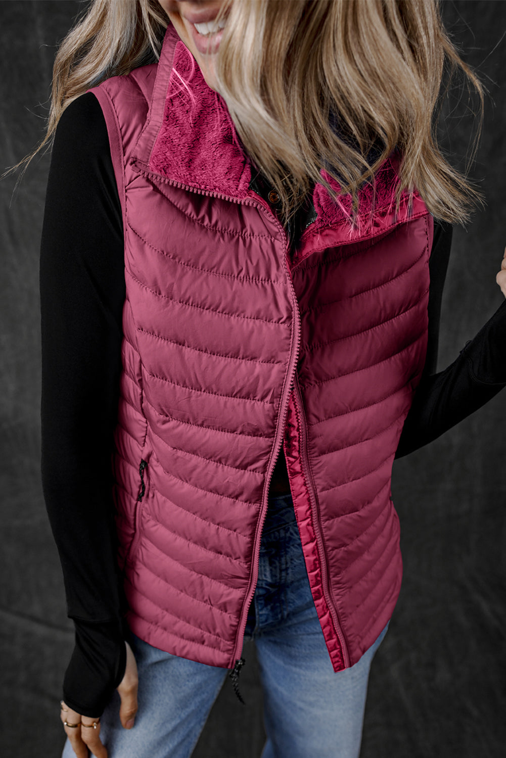 Blue Zone Planet | Silvery Plush Collared Quilted Zipped Puffer Vest-Outerwear/Vests-[Adult]-[Female]-Burgundy-S-2022 Online Blue Zone Planet