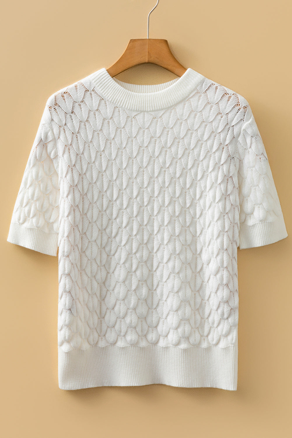 White Fish Scale Textured Knit Ribbed High Neck Short Sleeve Sweater-TOPS / DRESSES-[Adult]-[Female]-2022 Online Blue Zone Planet