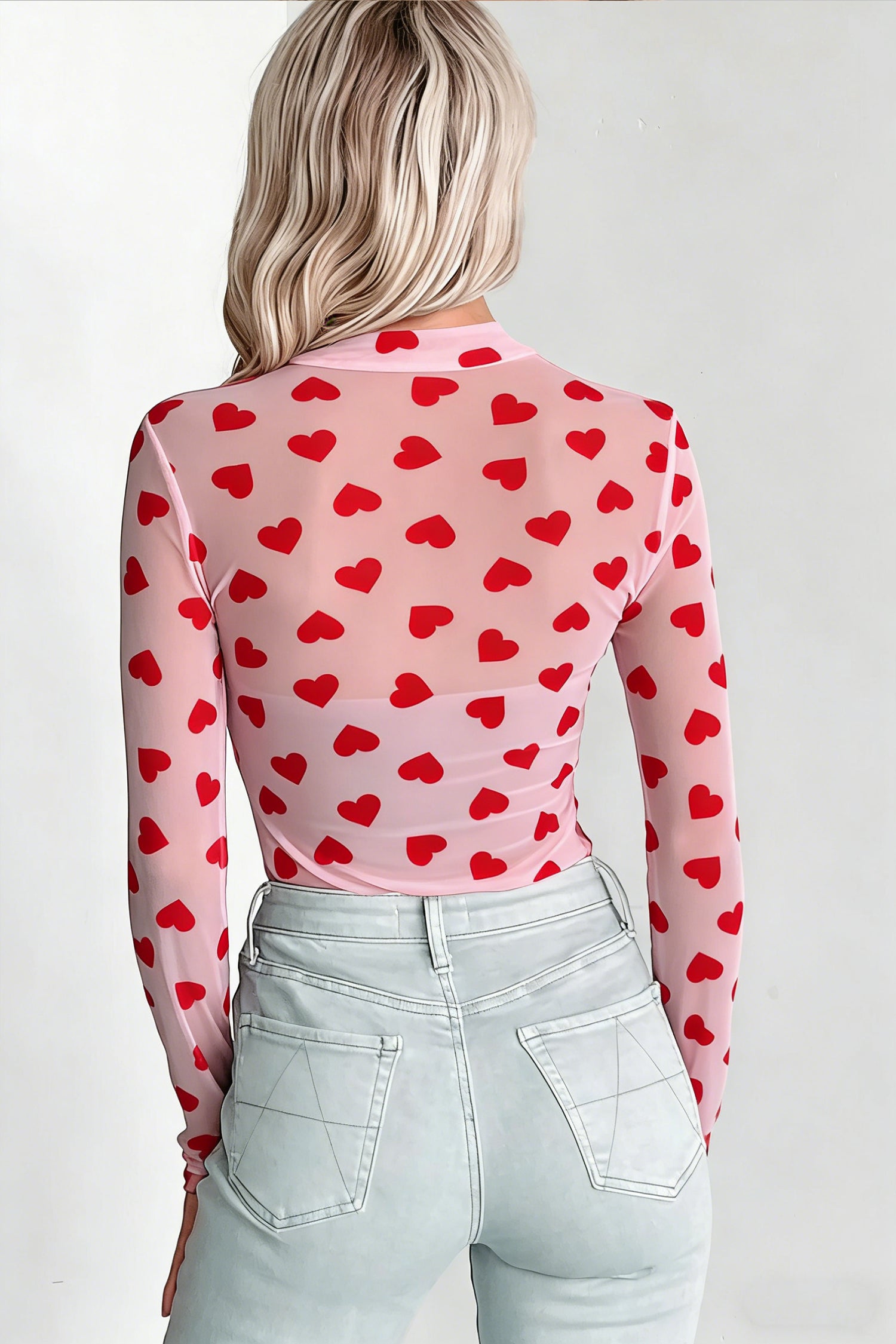 Pink Valentines Heart Printed Sheer Mesh Long Sleeve Top-Pre Order Tops-[Adult]-[Female]-2022 Online Blue Zone Planet