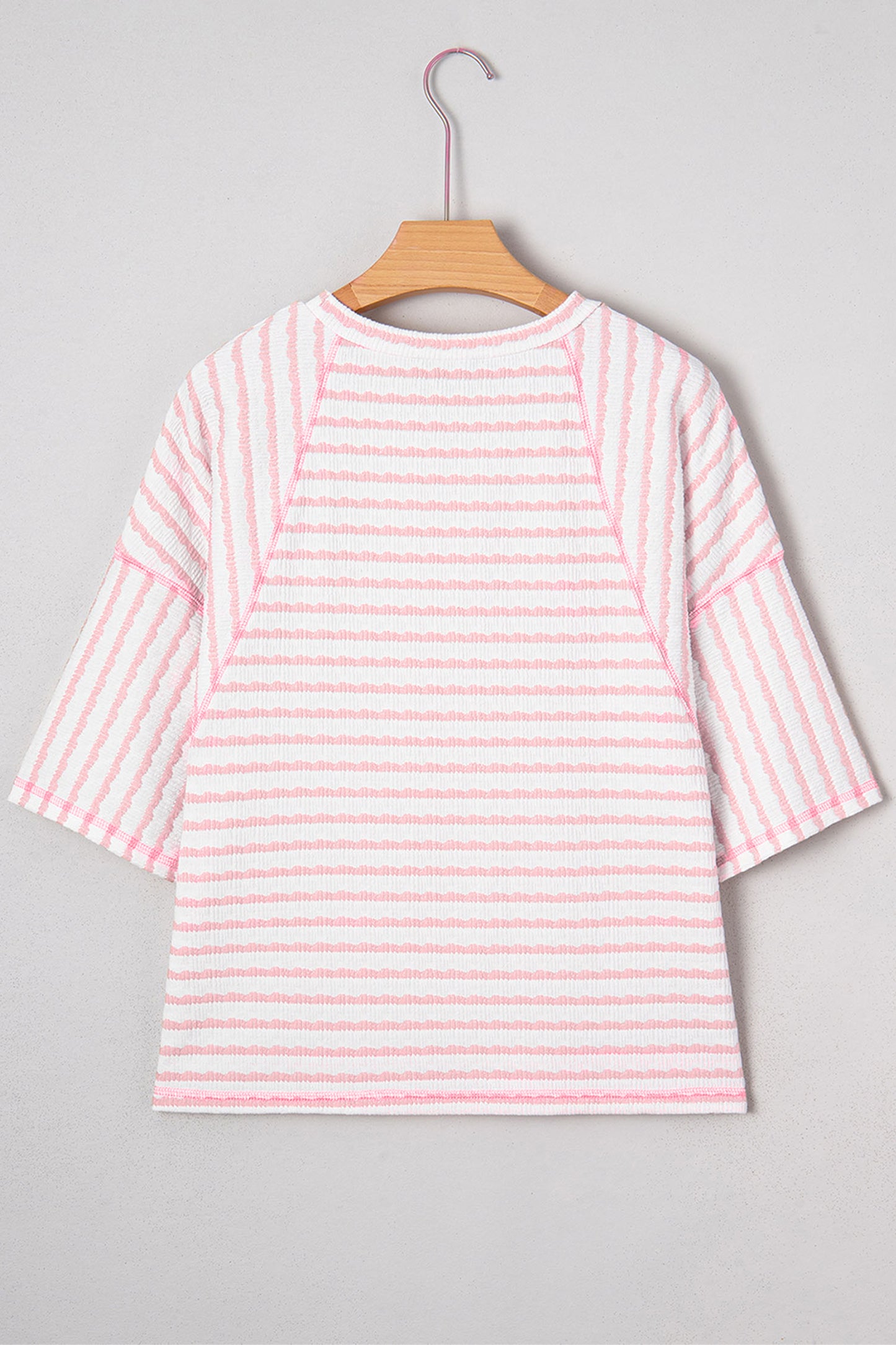 Apricot Stripe Plus Size Textured Patchwork Detail Half Sleeve Top-Plus Size/Plus Size Tops/Plus Size Tops & Tees-[Adult]-[Female]-2022 Online Blue Zone Planet