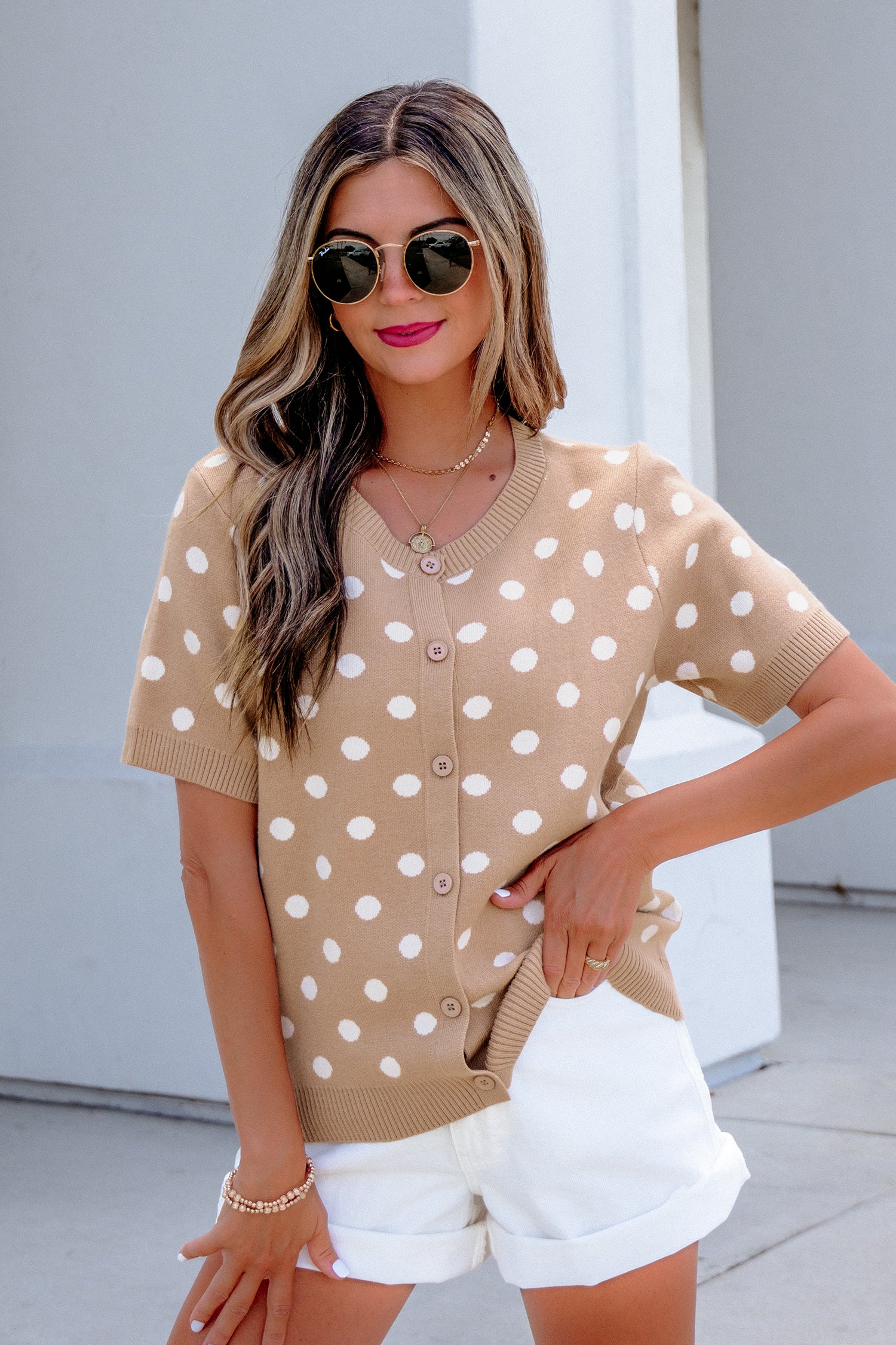 Dark Khaki Polka Dot Short Sleeve Button Down Sweater Cardigan-Sweaters & Cardigans/Cardigans-[Adult]-[Female]-2022 Online Blue Zone Planet