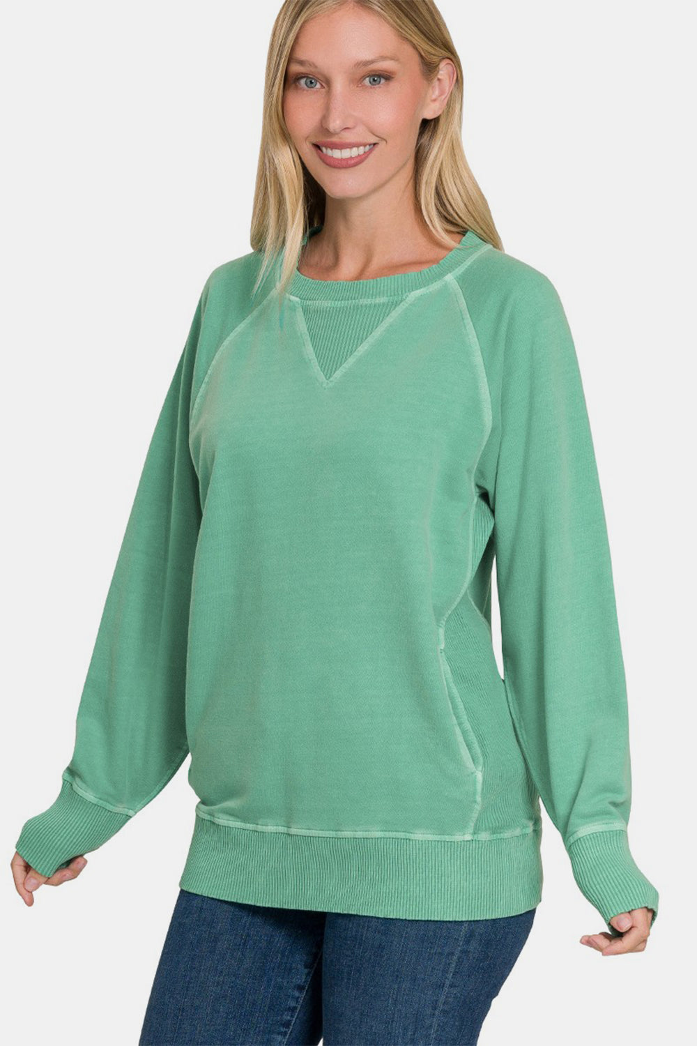 Blue Zone Planet | Zenana Pocketed Round Neck Long Sleeve Sweatshirt-TOPS / DRESSES-[Adult]-[Female]-Dk Green-S-2022 Online Blue Zone Planet