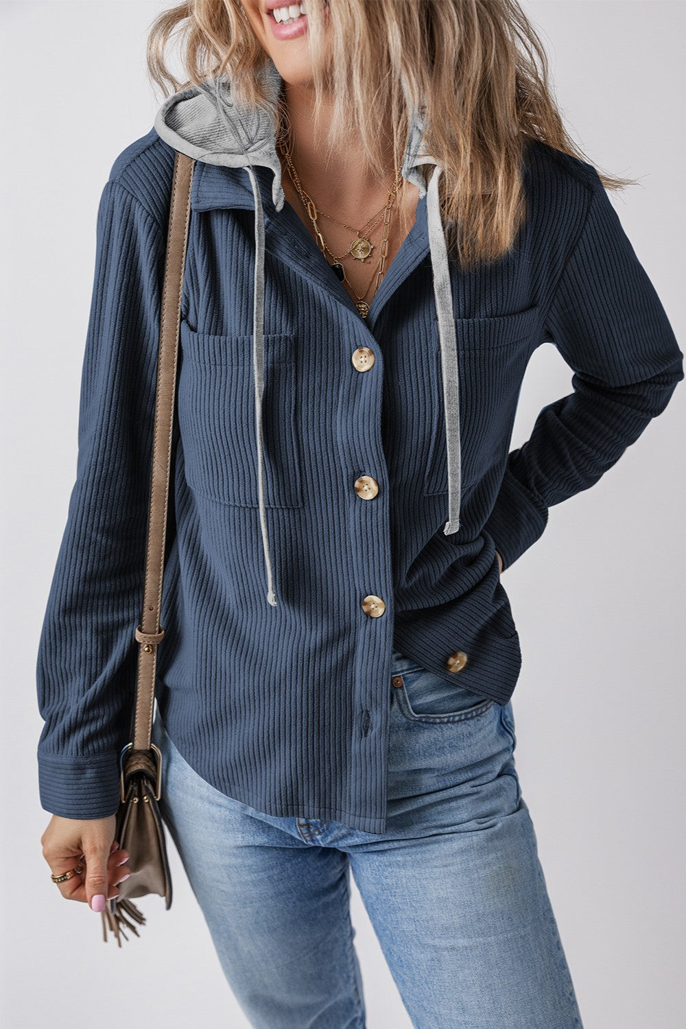 Blue Zone Planet | Drawstring Button Up Long Sleeve Hooded Jacket-TOPS / DRESSES-[Adult]-[Female]-2022 Online Blue Zone Planet