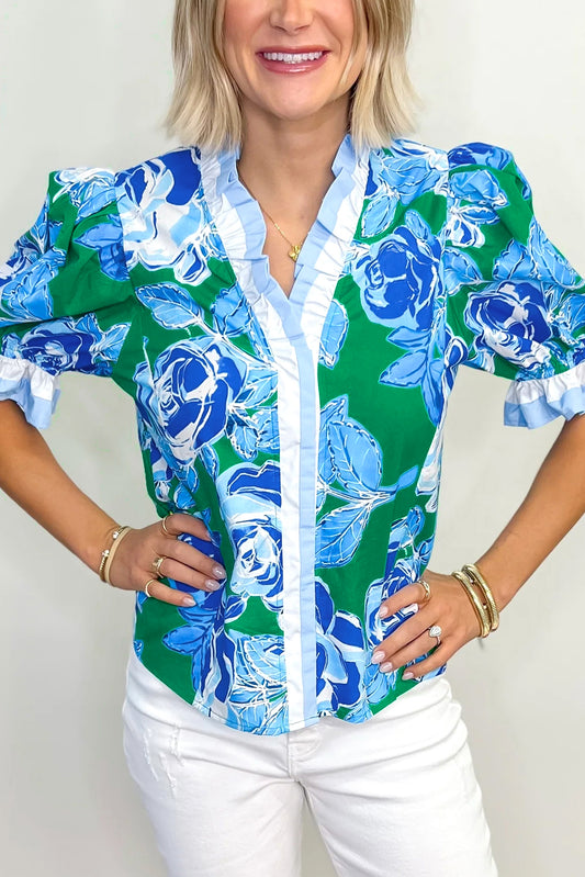 Bright Green Floral Frilled V Neck Short Sleeve Blouse Top-Tops/Blouses & Shirts-[Adult]-[Female]-Bright Green-S-2022 Online Blue Zone Planet