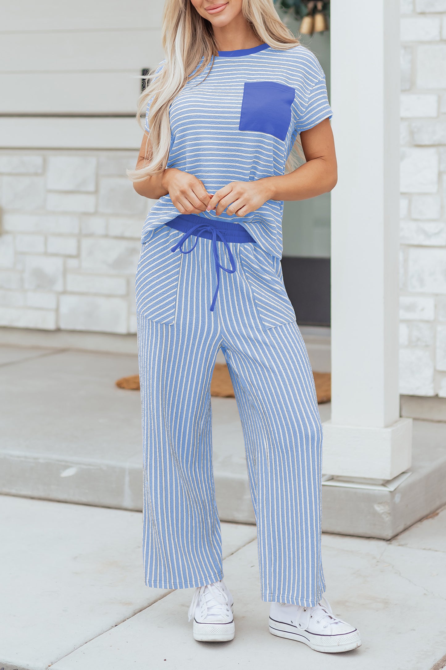 Sky Blue Stripe Crew Neck Tee Drawstring Waist Cropped Pants Set-Two Piece Sets/Pant Sets-[Adult]-[Female]-2022 Online Blue Zone Planet
