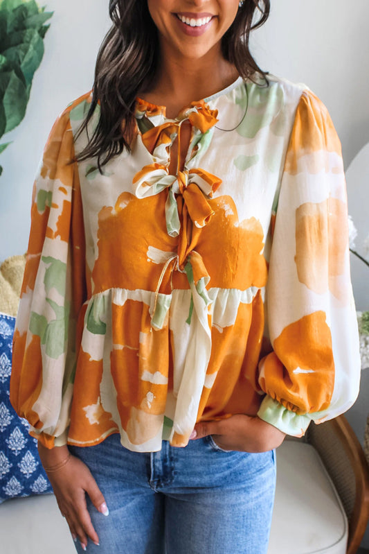 Carrot Abstract Floral Print Bow Tie Long Puff Sleeve Blouse-Tops/Blouses & Shirts-[Adult]-[Female]-Carrot-S-2022 Online Blue Zone Planet