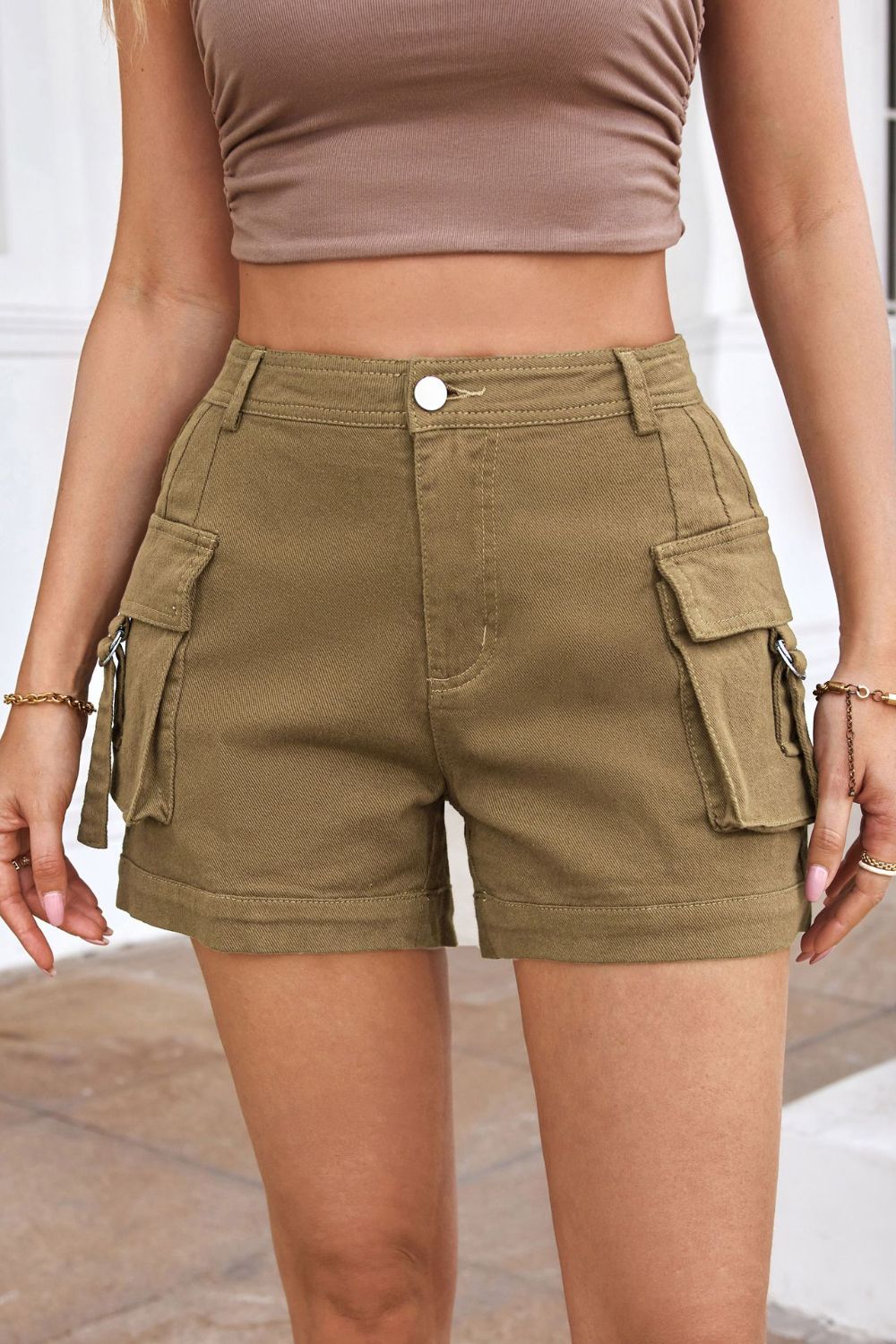 High Waist Shorts with Pockets-BOTTOMS SIZES SMALL MEDIUM LARGE-[Adult]-[Female]-Olive-XS-2022 Online Blue Zone Planet