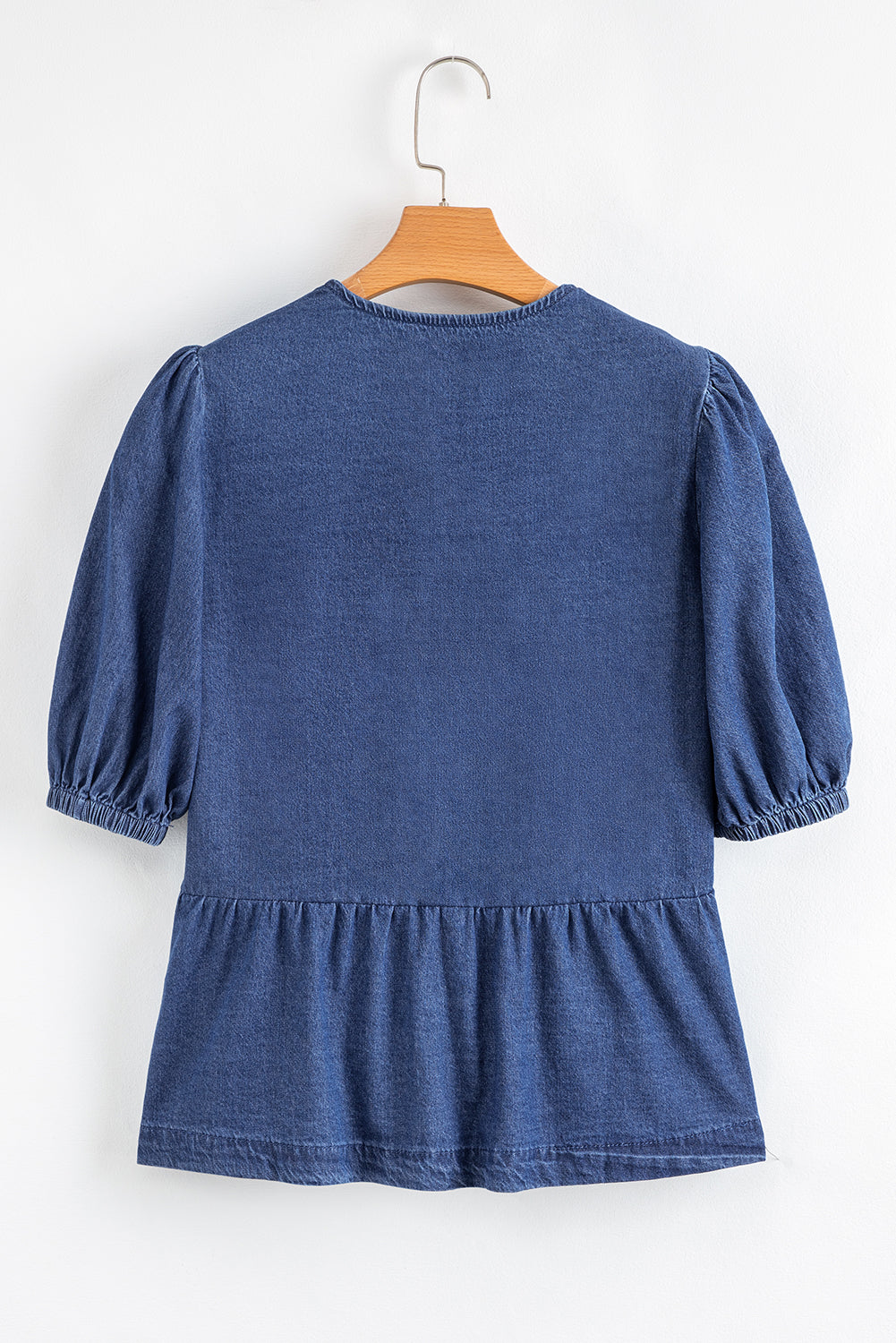 Sail Blue Tied Front Bubble Sleeve Peplum Denim Shirt-Tops/Blouses & Shirts-[Adult]-[Female]-2022 Online Blue Zone Planet